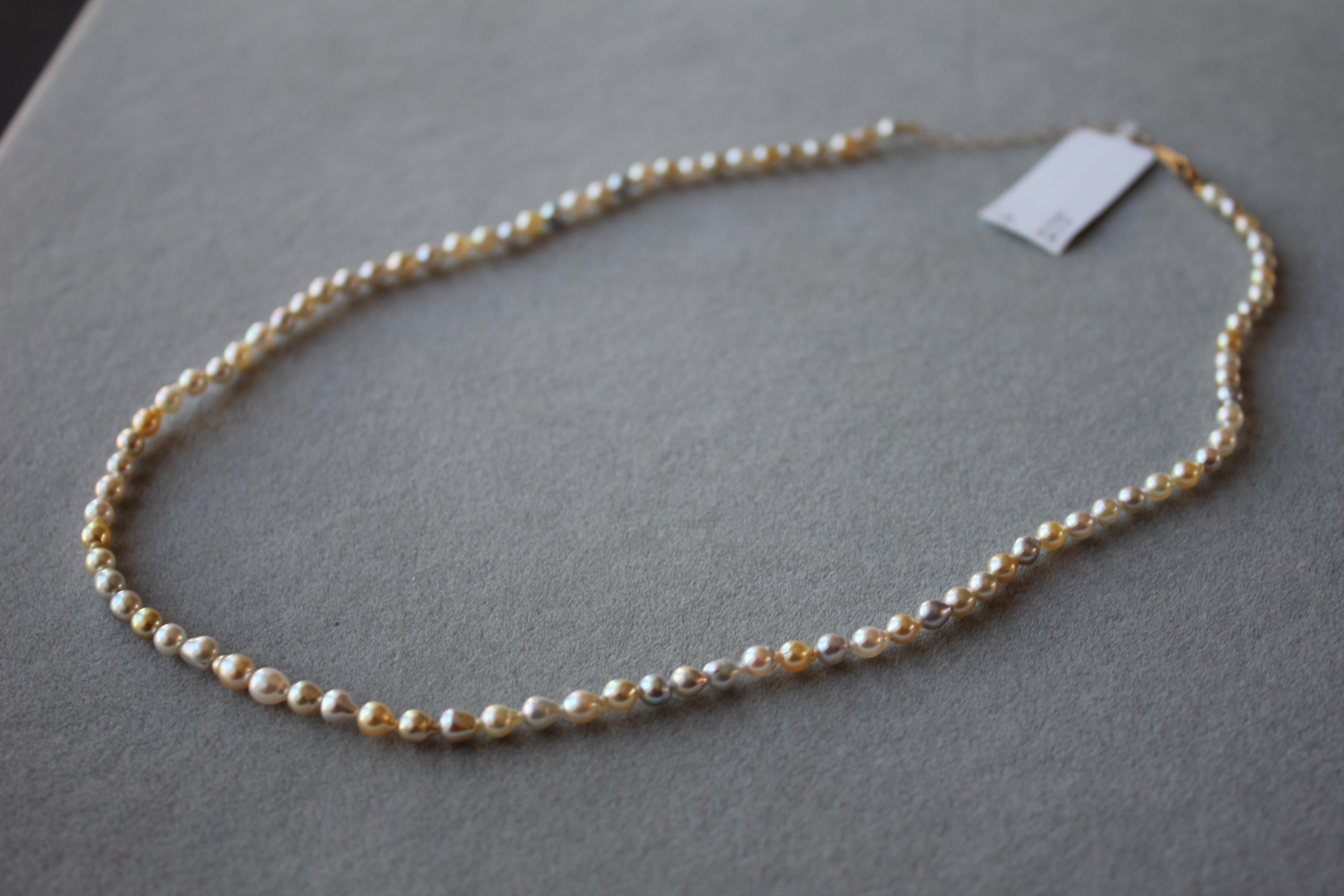 14 Karat Yellow Gold Multicolor Akoya Cultured Pearl Layer Thin Bead Necklace For Sale 8