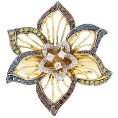 14 Karat Yellow Gold Multicolored Diamond Flower Ring