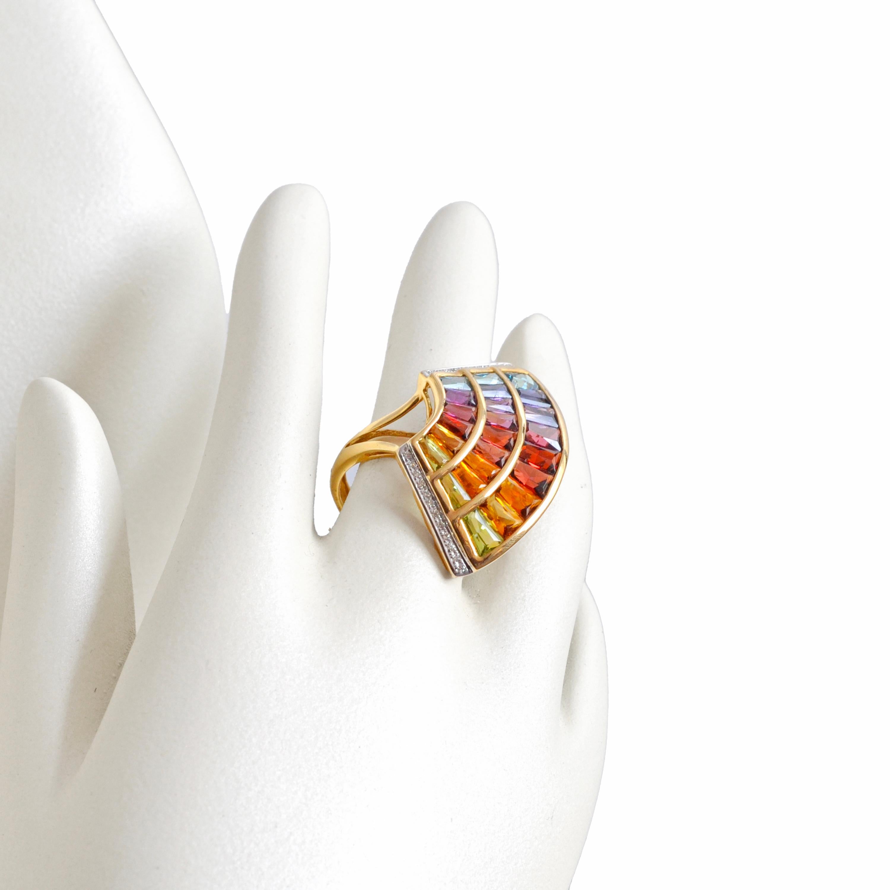 14 karat yellow gold multicolour rainbow contemporary wing cocktail ring

This multicolour rainbow natural gemstones single wing ring, a mesmerizing blend of grace and vibrancy. Crafted in elegant 14k gold, this ring feature a distinctive three-line