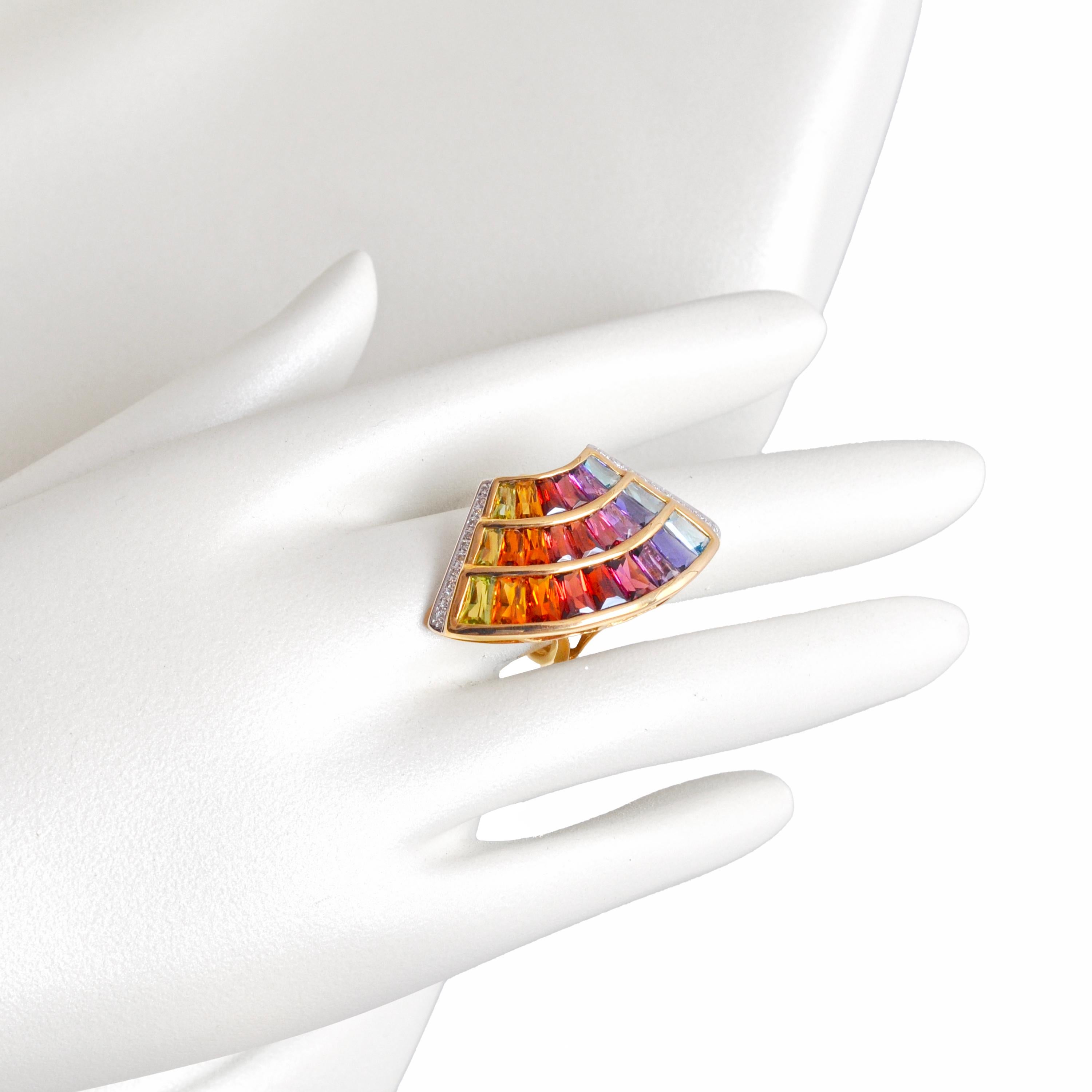 Tapered Baguette 14 Karat Yellow Gold Multicolour Rainbow Contemporary wing Cocktail Ring For Sale