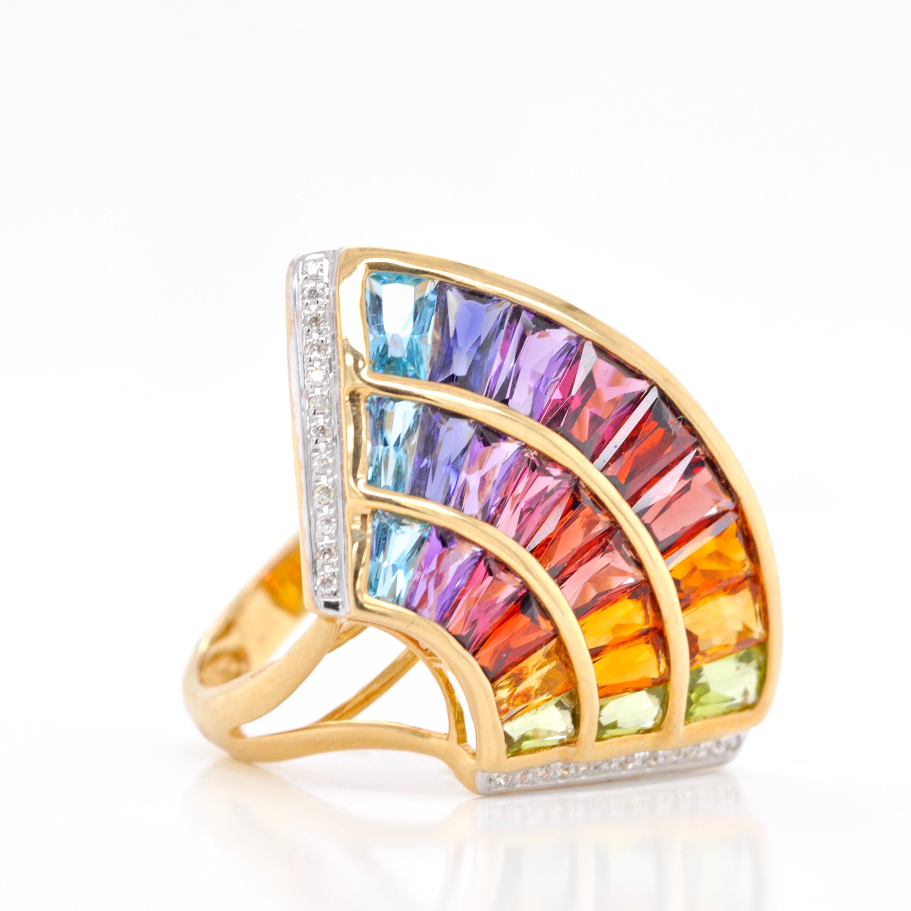 14 Karat Yellow Gold Multicolour Rainbow Contemporary wing Cocktail Ring In New Condition For Sale In Jaipur, Rajasthan