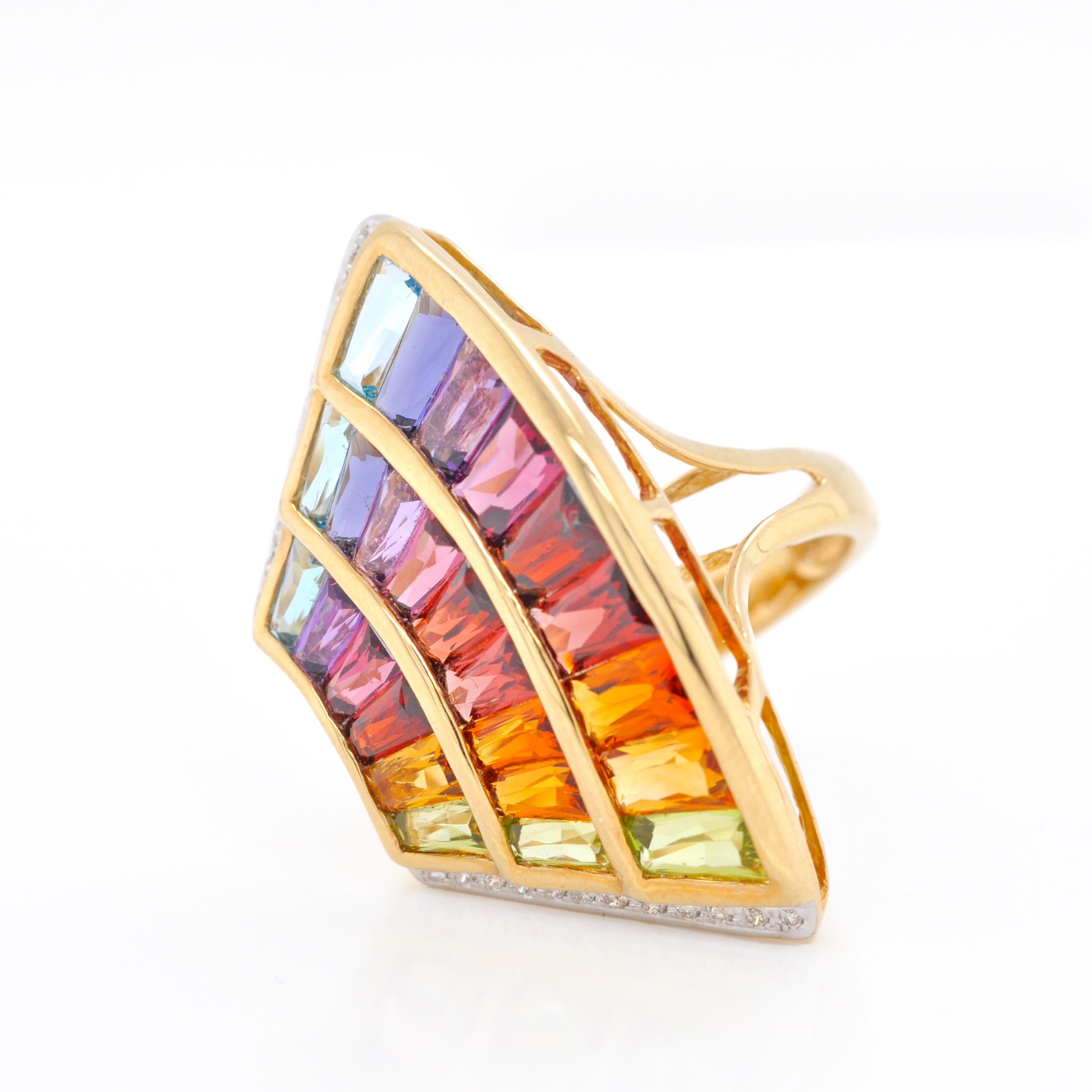 Women's 14 Karat Yellow Gold Multicolour Rainbow Contemporary wing Cocktail Ring For Sale