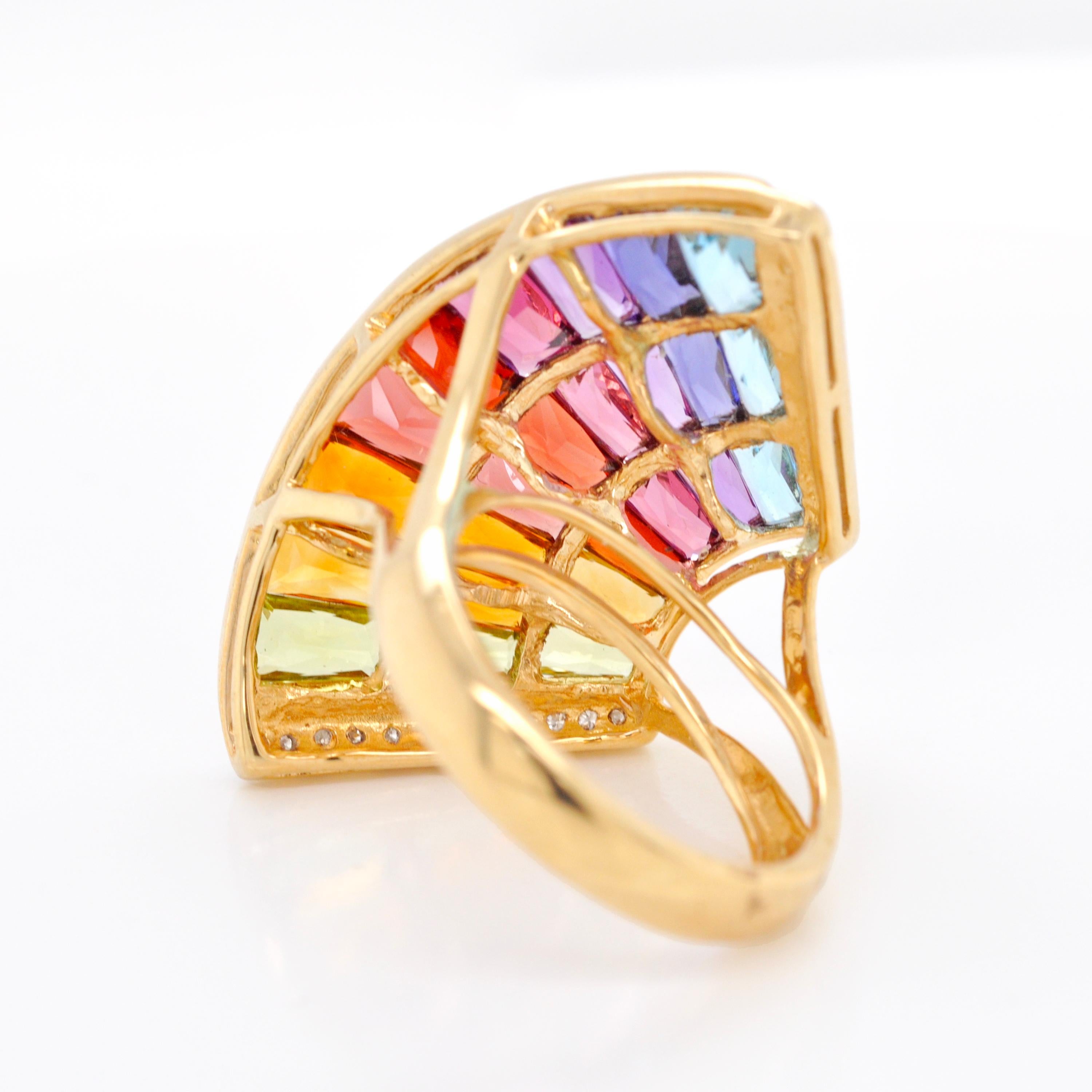 14 Karat Yellow Gold Multicolour Rainbow Contemporary wing Cocktail Ring For Sale 1