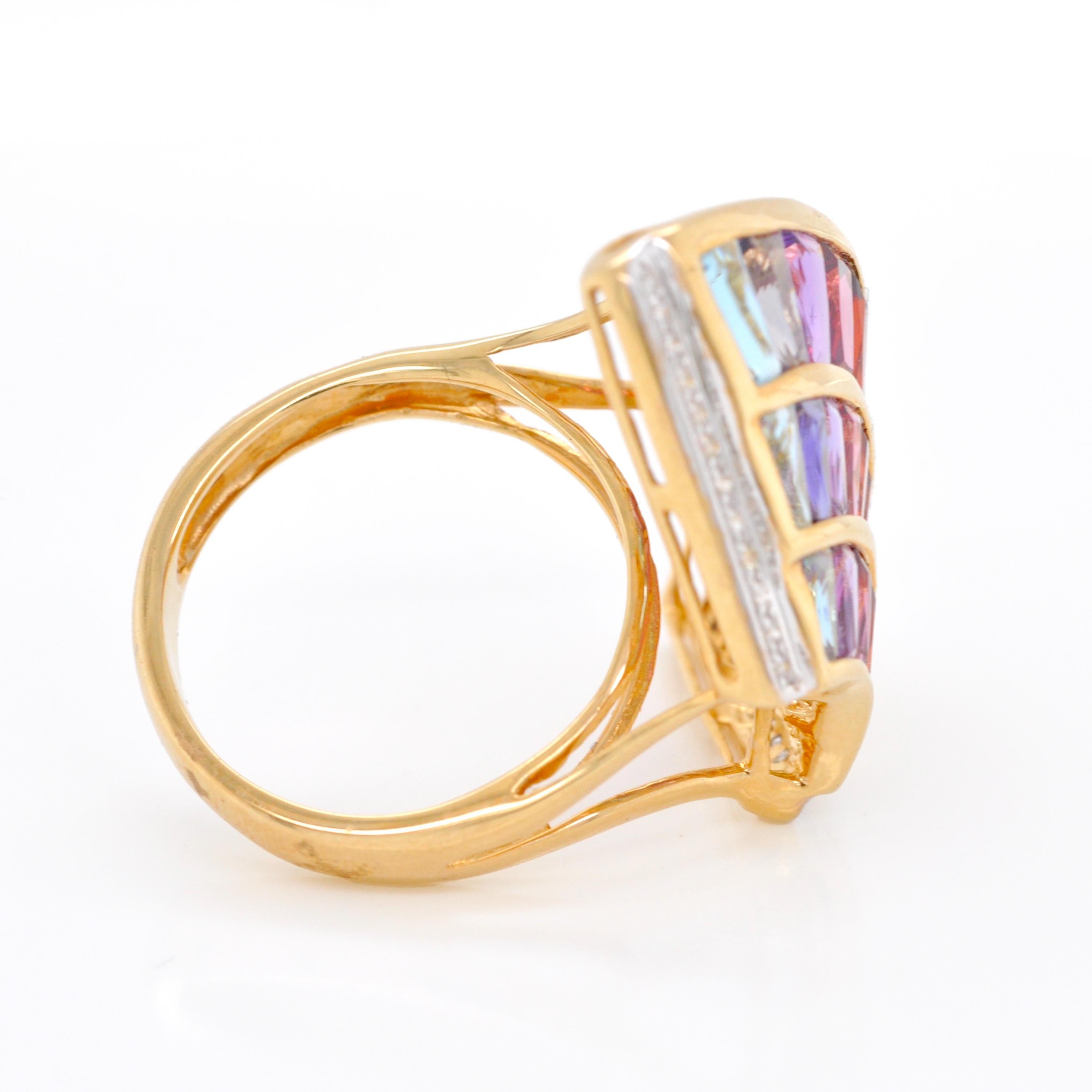 14 Karat Yellow Gold Multicolour Rainbow Contemporary wing Cocktail Ring For Sale 2