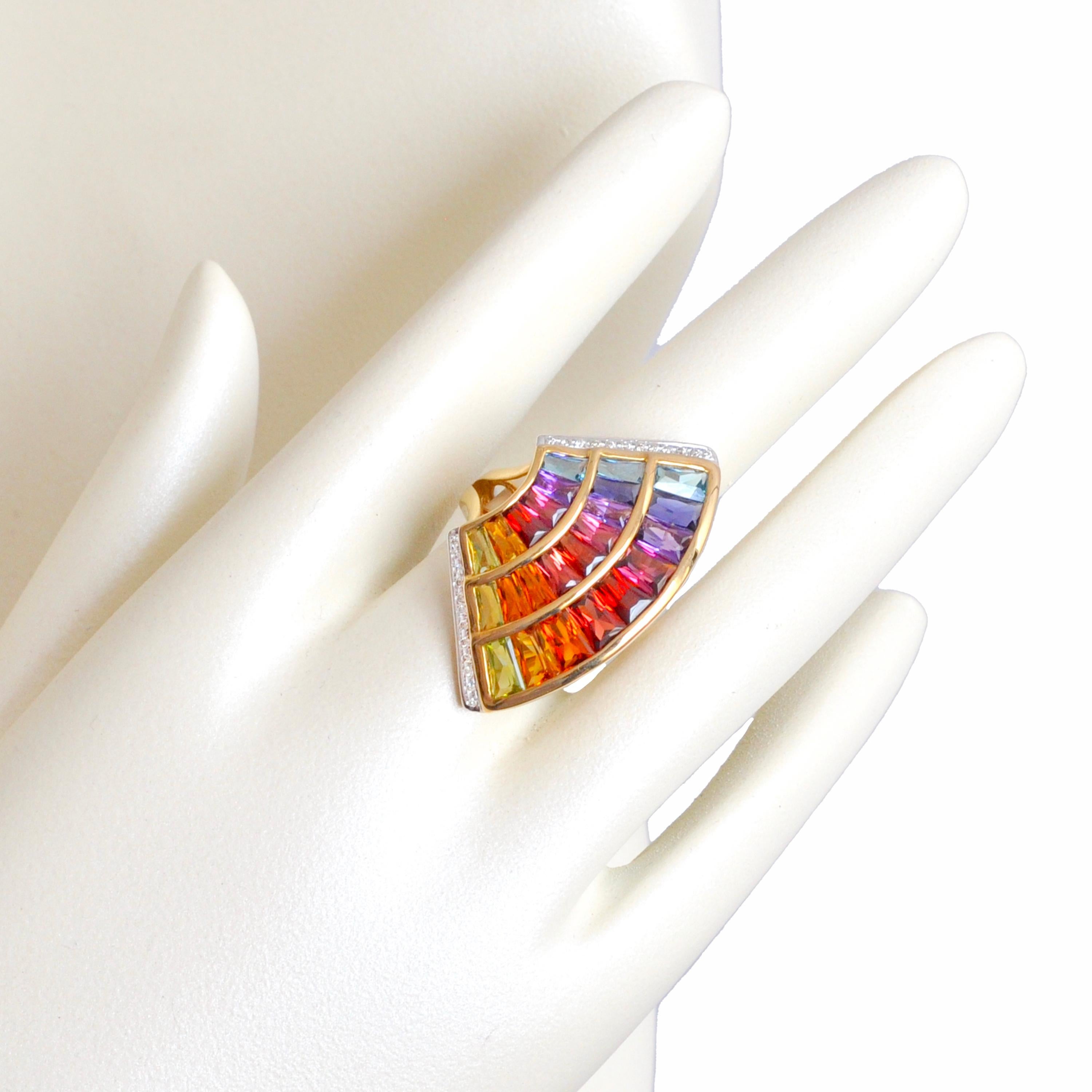 14 Karat Yellow Gold Multicolour Rainbow Contemporary wing Cocktail Ring For Sale 3
