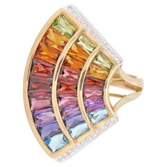 Bague de cocktail contemporaine en or jaune 14 carats avec arc-en-ciel multicolore