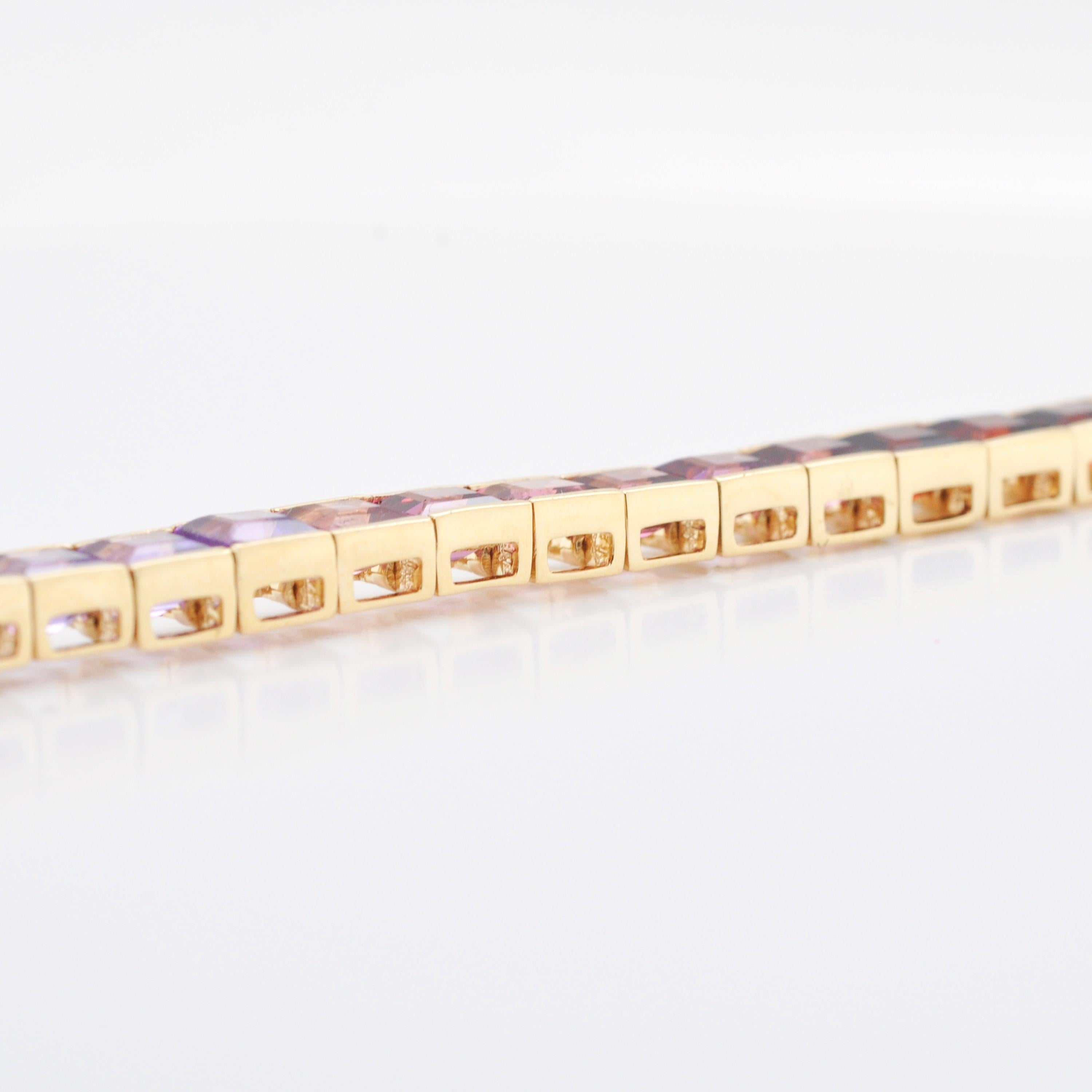 14 Karat Yellow Gold Multicolour Rainbow Natural Gemstone Tennis Line Necklace For Sale 1
