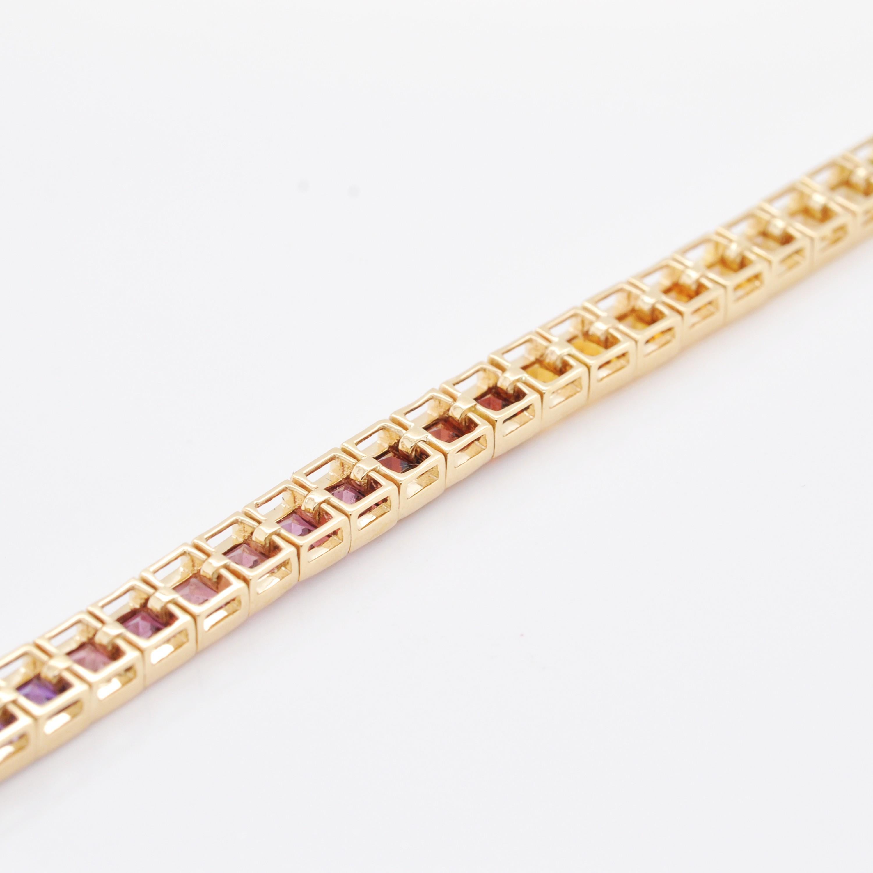 Women's 14 Karat Yellow Gold Multicolour Rainbow Natural Gemstone Tennis Line Necklace For Sale