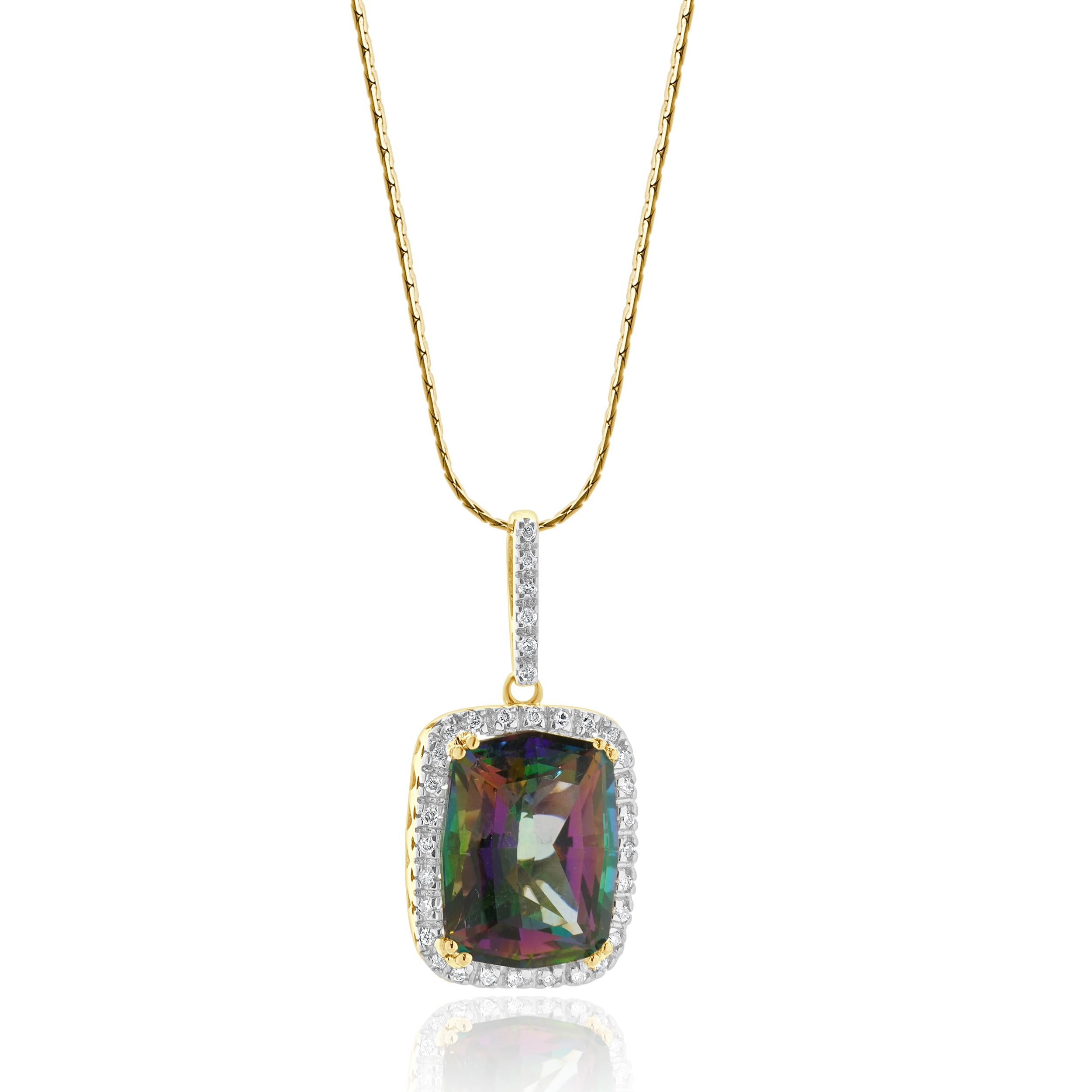 Designer: custom
Material: 14K yellow gold
Diamond: 34 round brilliant cut = 0.35cttw
Color: G
Clarity: I2
Topaz: 1 emerald cut = 14.88ct
Length: chain measures 18-inches in length
Weight: 9.59 grams
