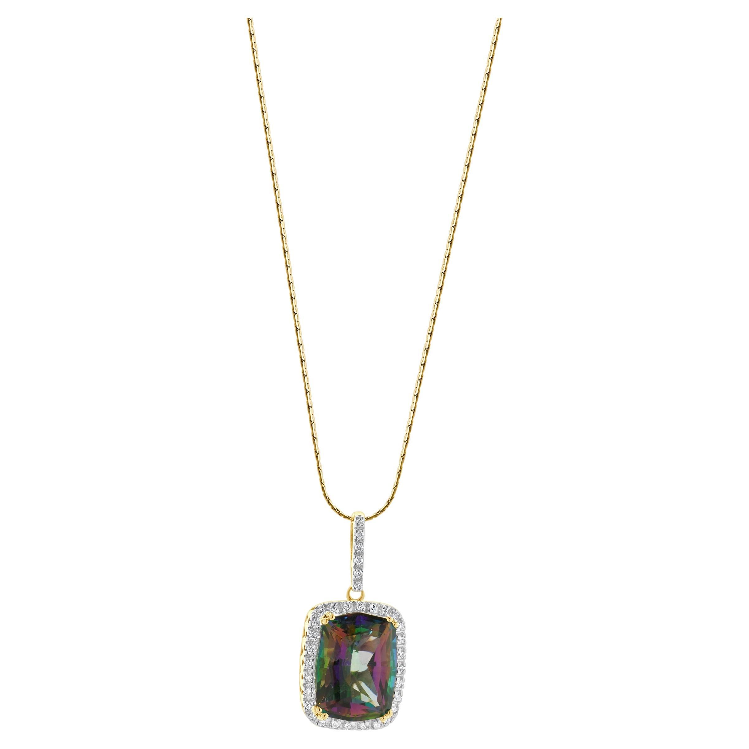 14 Karat Yellow Gold Mystic Topaz and Diamond Necklace