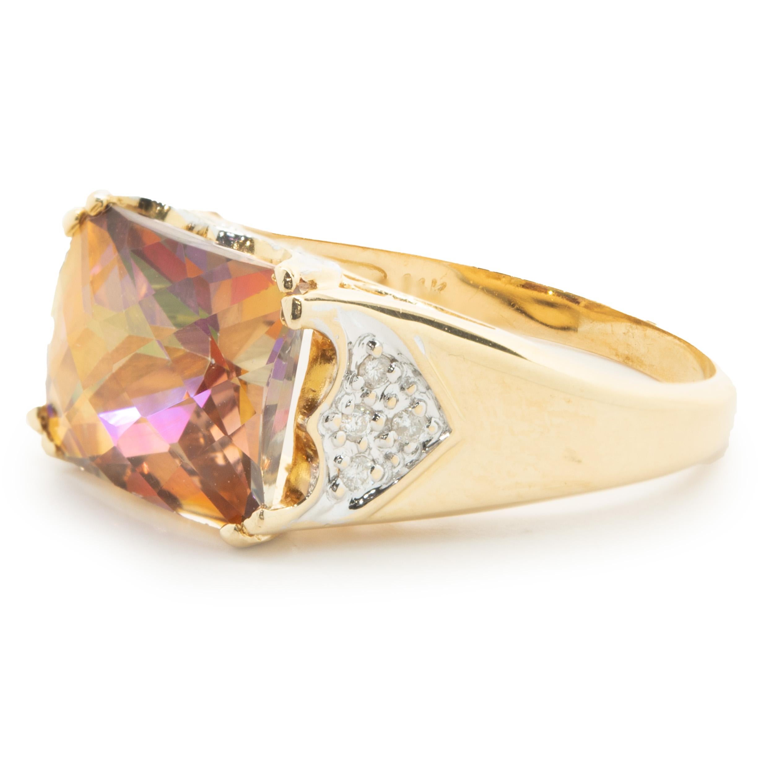 Designer: custom design
Material: 14K yellow gold
Diamond: 16 round brilliant cut = 0.08cttw
Color: H
Clarity: SI1
Dimensions: ring top measures 9.5mm wide
Ring Size: 7 (please allow two extra shipping days for sizing requests) 
Weight: 4.30 grams