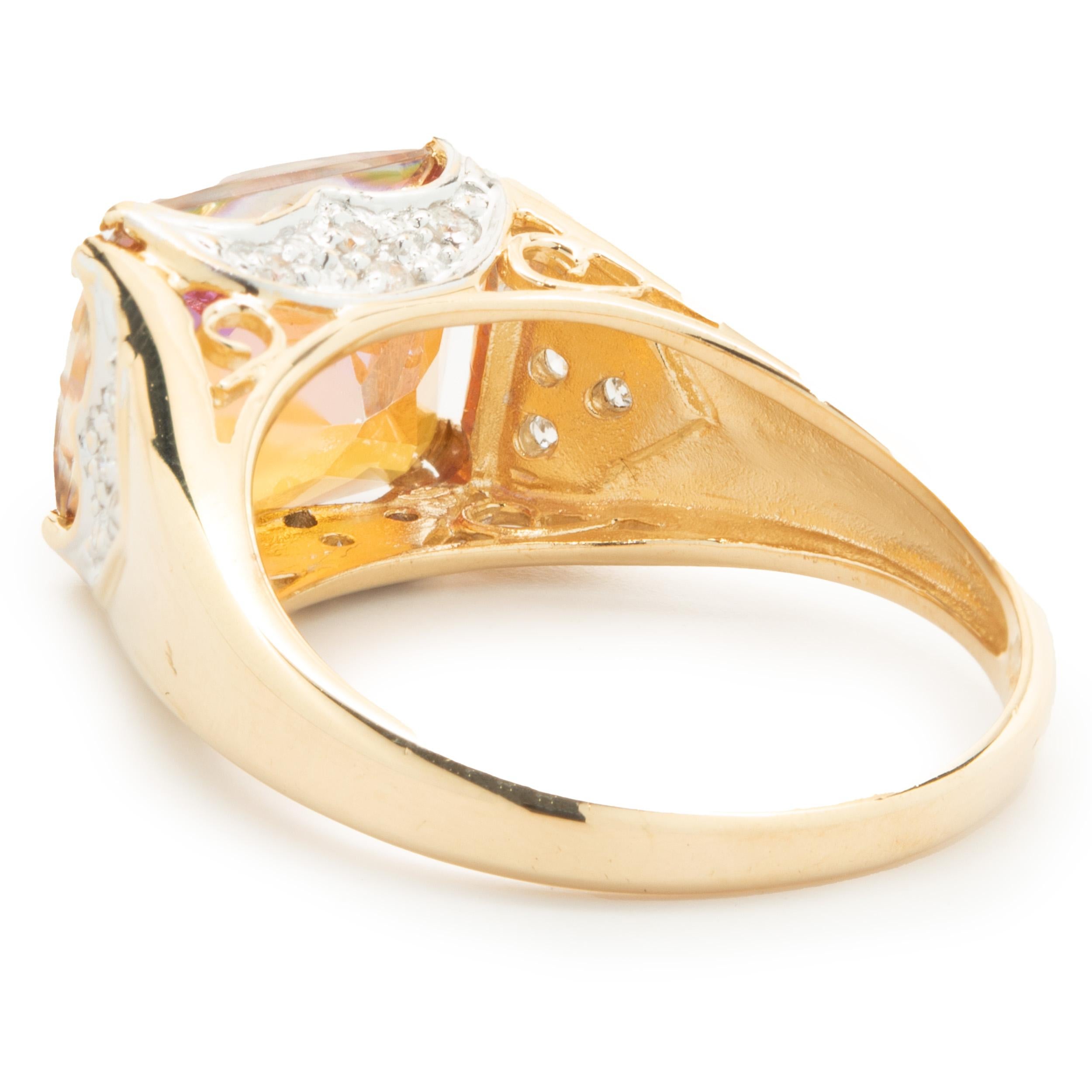 Princess Cut 14 Karat Yellow Gold Mystic Topaz and Diamond Ring