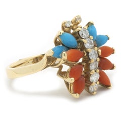 14 Karat Yellow Gold Native American Designed Diamond, Carnelian, and Turquoise