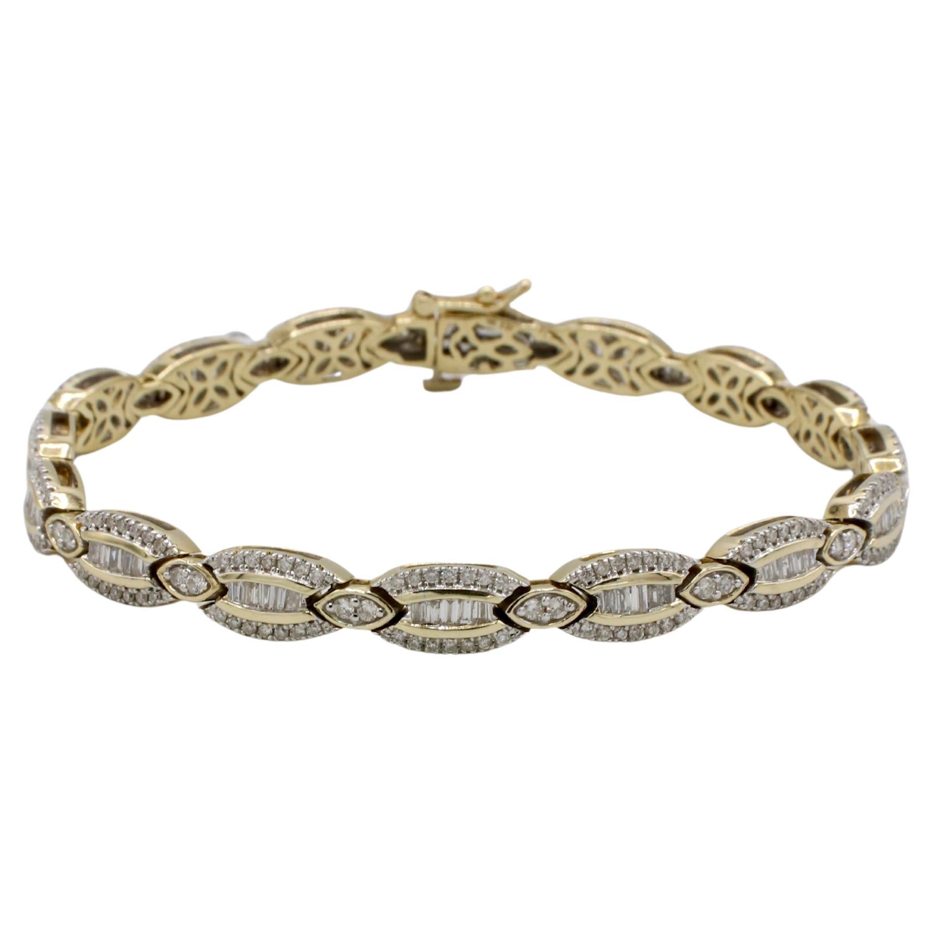 14 Karat Yellow Gold Natural Baguette & Round Diamond Tennis Line Bracelet