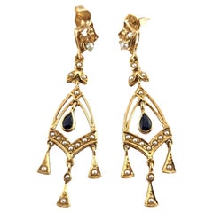 14 Karat Yellow Gold Natural Blue Sapphire 
Seed Pearl Earrings #19041