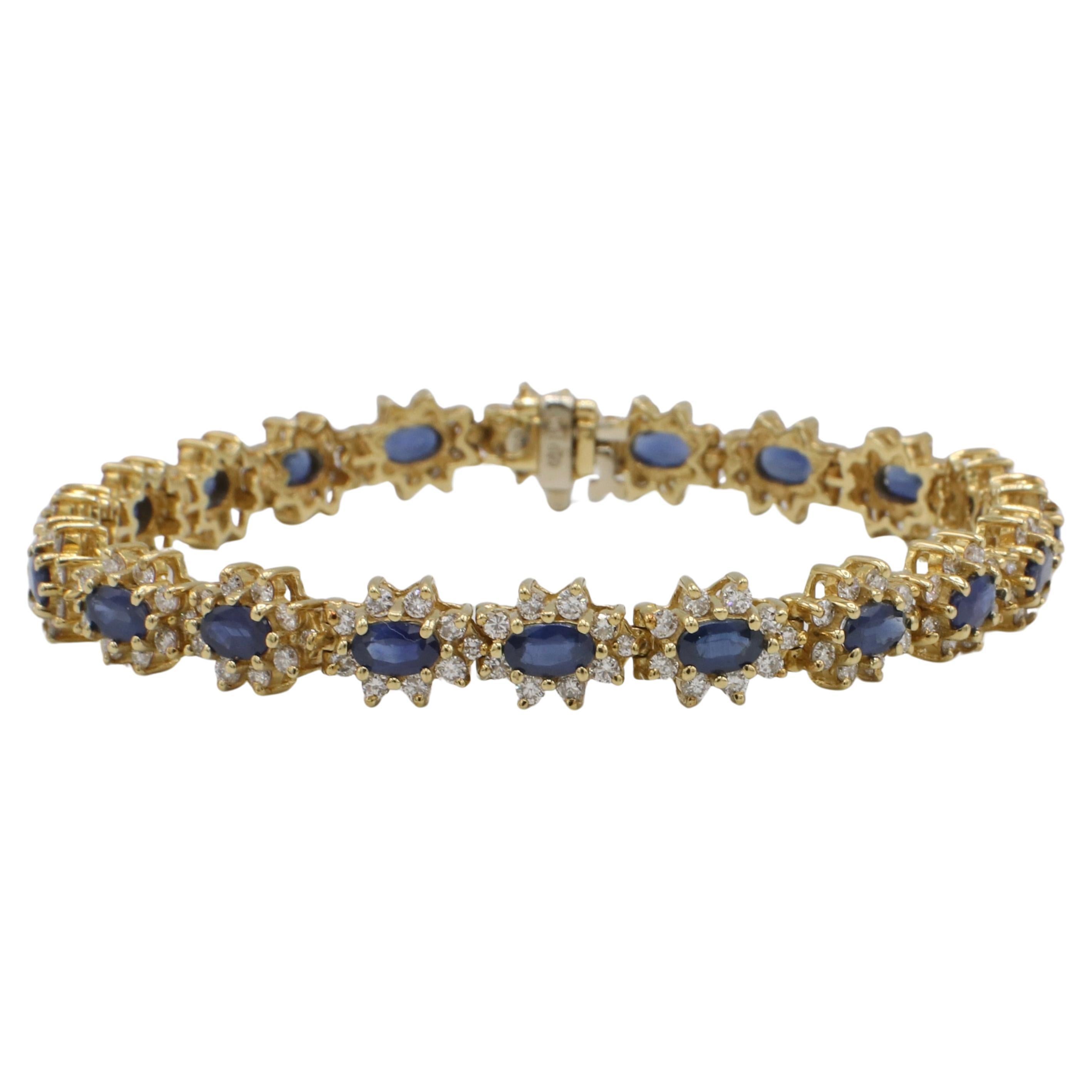 Pulsera Línea Tenis Halo Diamante Natural y Zafiro Azul Oro Amarillo 14 Kilates en venta