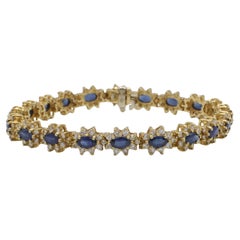 Pulsera Línea Tenis Halo Diamante Natural y Zafiro Azul Oro Amarillo 14 Kilates