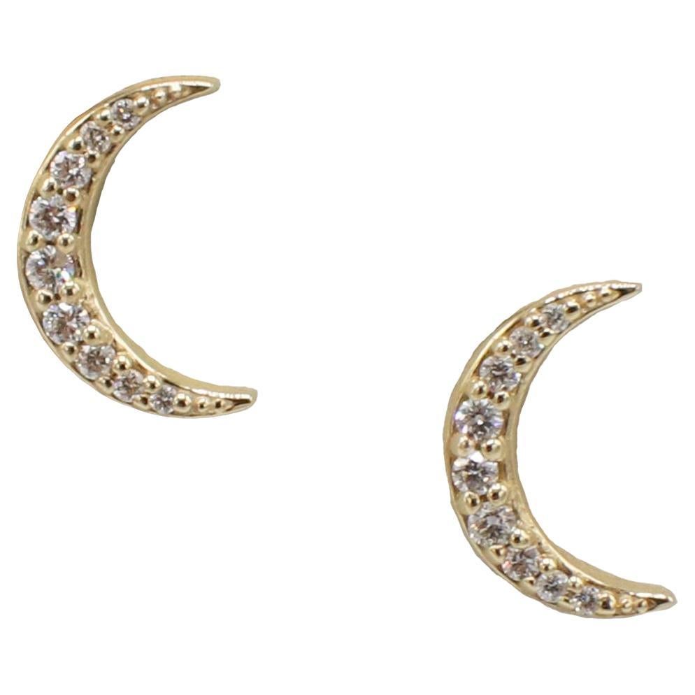 14 Karat Yellow Gold Natural Diamond Crescent Moon Stud Earrings  For Sale