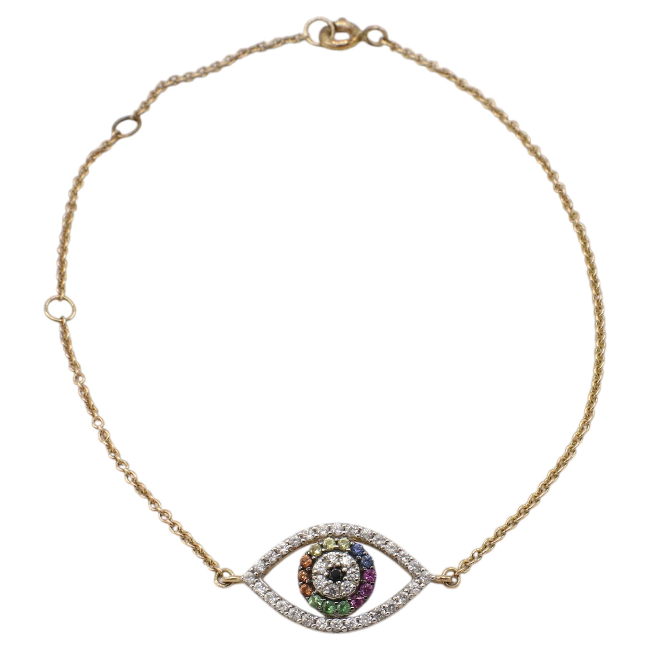 14 Karat Yellow Gold Natural Diamond & Gemstone Evil Eye Chain Link Bracelet