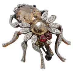 14 Karat Gelbgold Naturdiamant & Edelstein Fliegenkäfer Brosche Pin