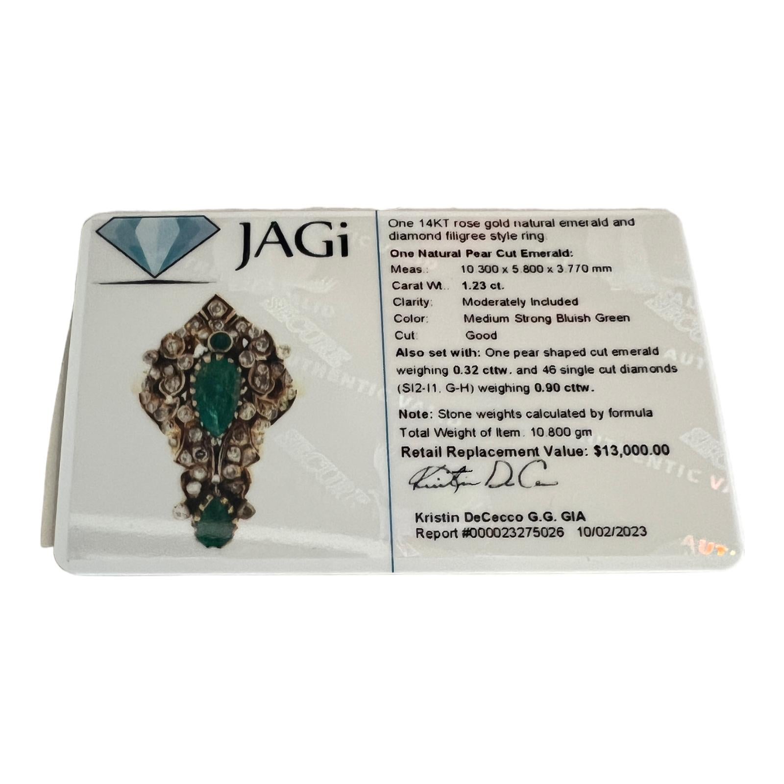 14 Karat Yellow Gold Natural Emerald and Diamond Ring For Sale 2