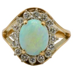 14 Karat Yellow Gold Natural Opal & Diamond Halo Cocktail Ring
