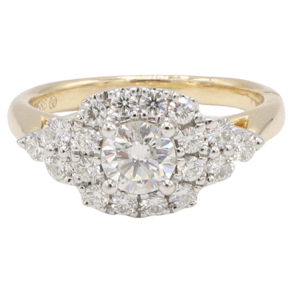 14 Karat Yellow Gold Natural Round Diamond Halo Engagement Ring For Sale