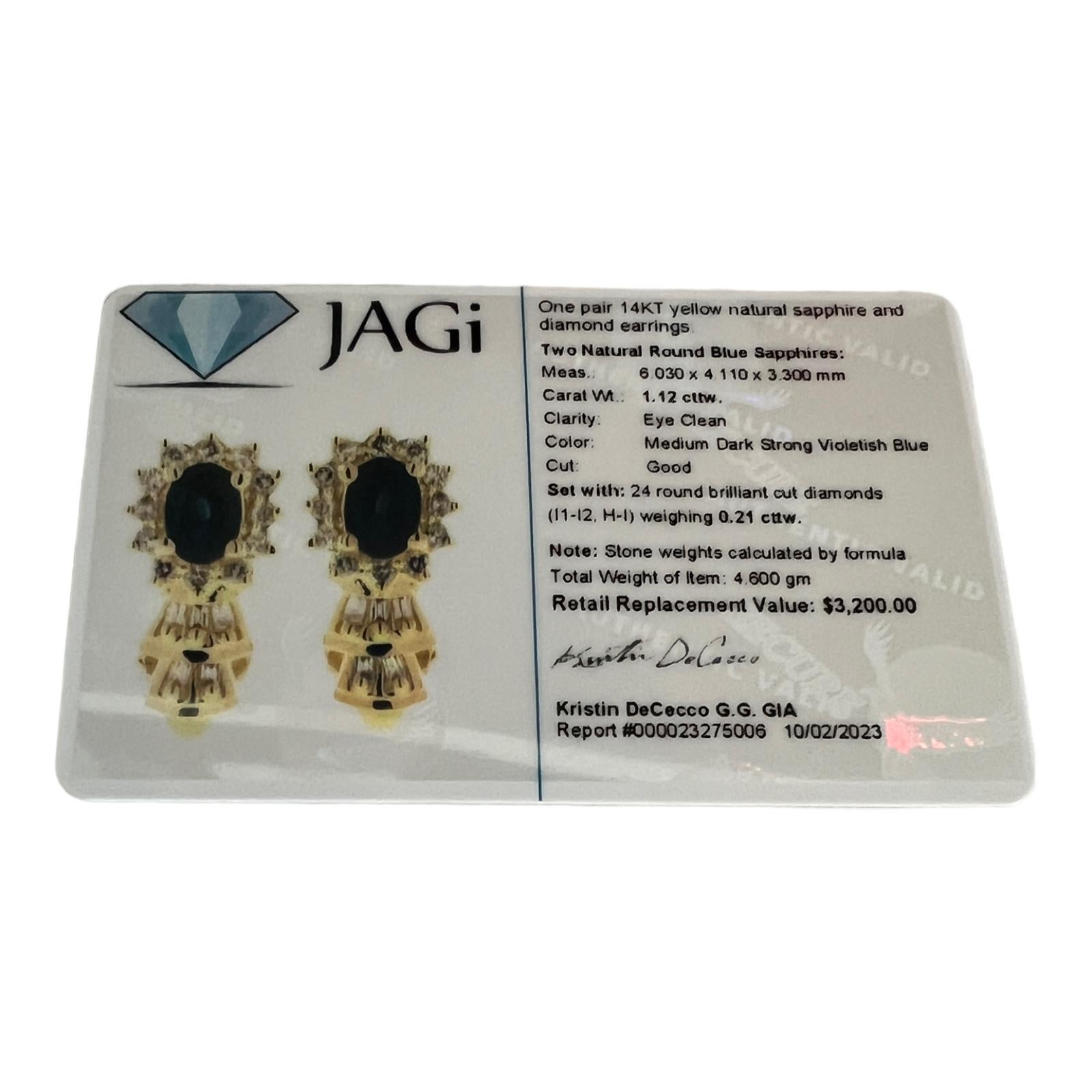 14 Karat Yellow Gold Natural Sapphire and Diamond Earrings For Sale 4