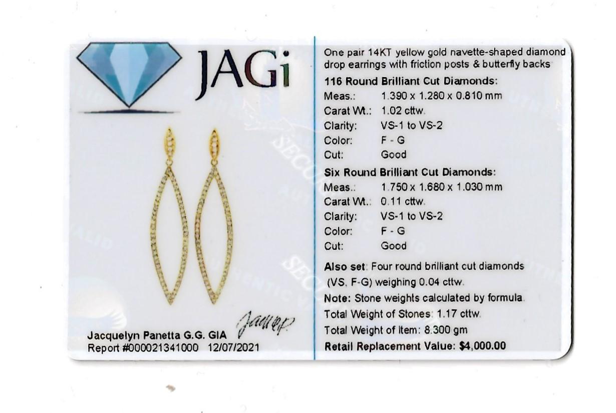 14 Karat Yellow Gold Navette Shaped Open Pave Diamond Drop Pierced Earrings For Sale 5