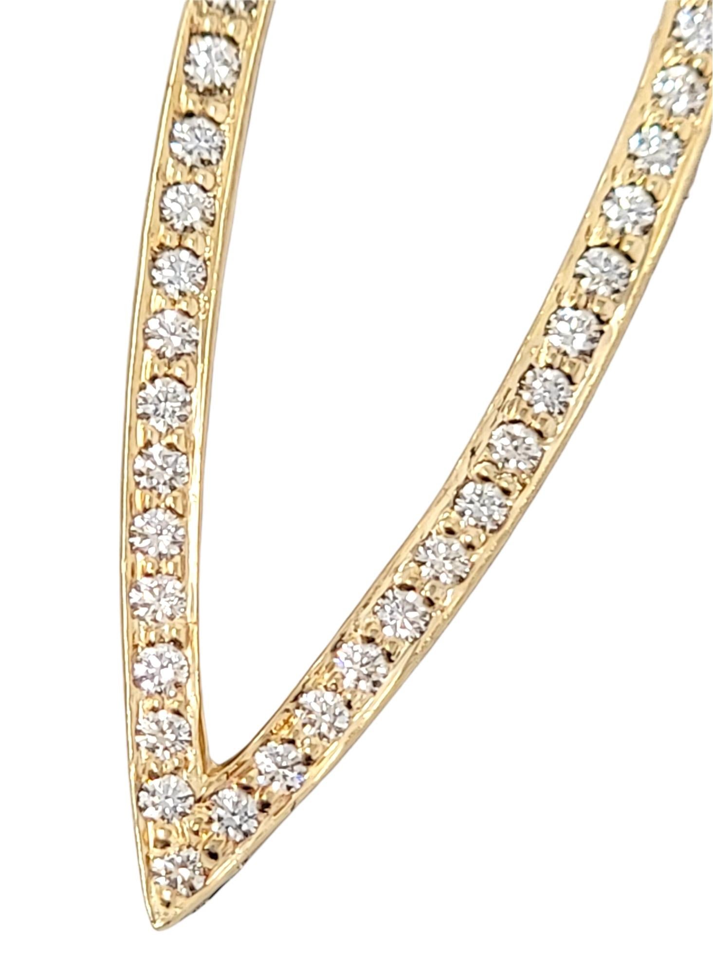 Contemporary 14 Karat Yellow Gold Navette Shaped Open Pave Diamond Drop Pierced Earrings For Sale