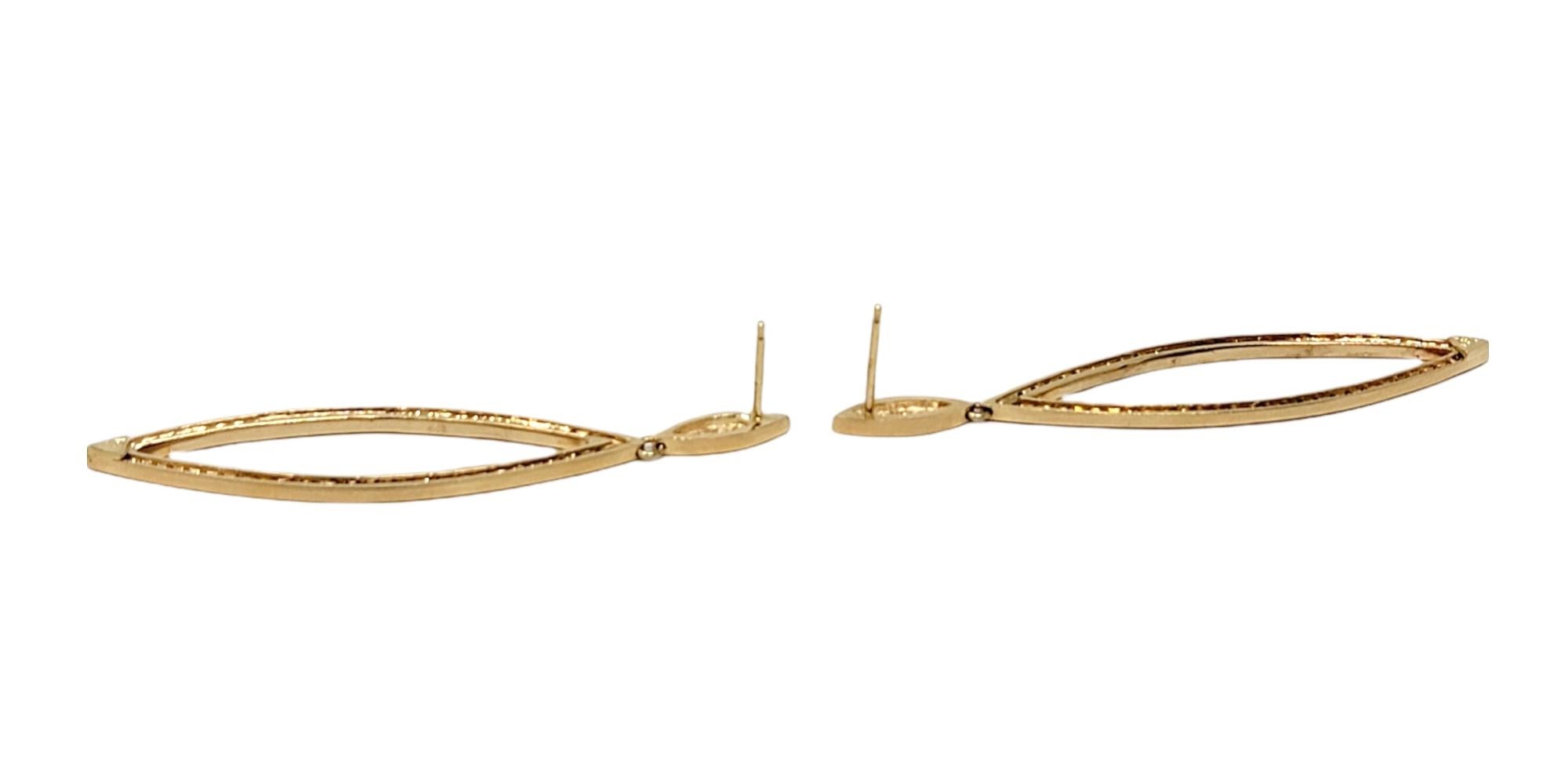 14 Karat Yellow Gold Navette Shaped Open Pave Diamond Drop Pierced Earrings In Good Condition For Sale In Scottsdale, AZ