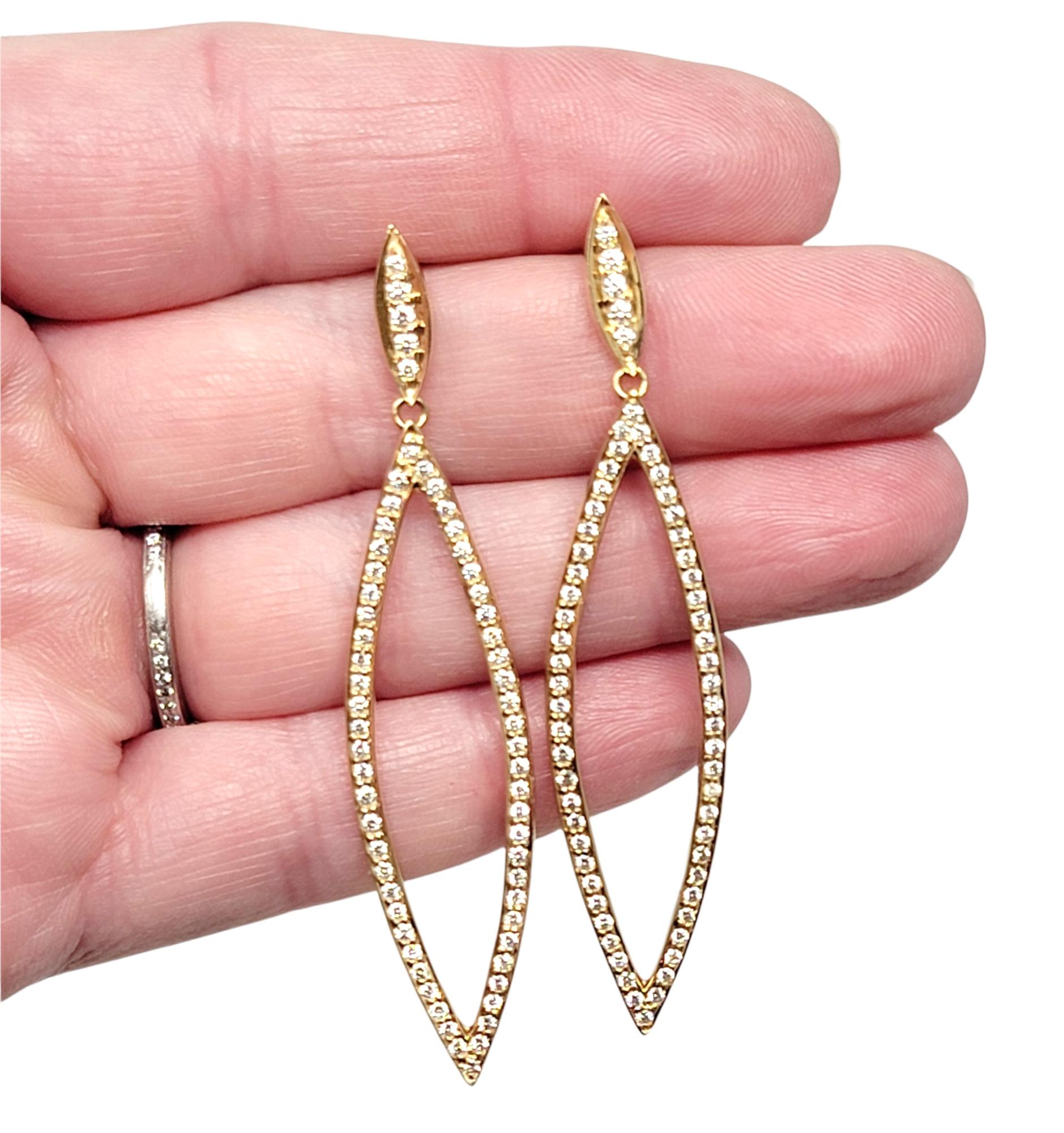 14 Karat Yellow Gold Navette Shaped Open Pave Diamond Drop Pierced Earrings For Sale 1
