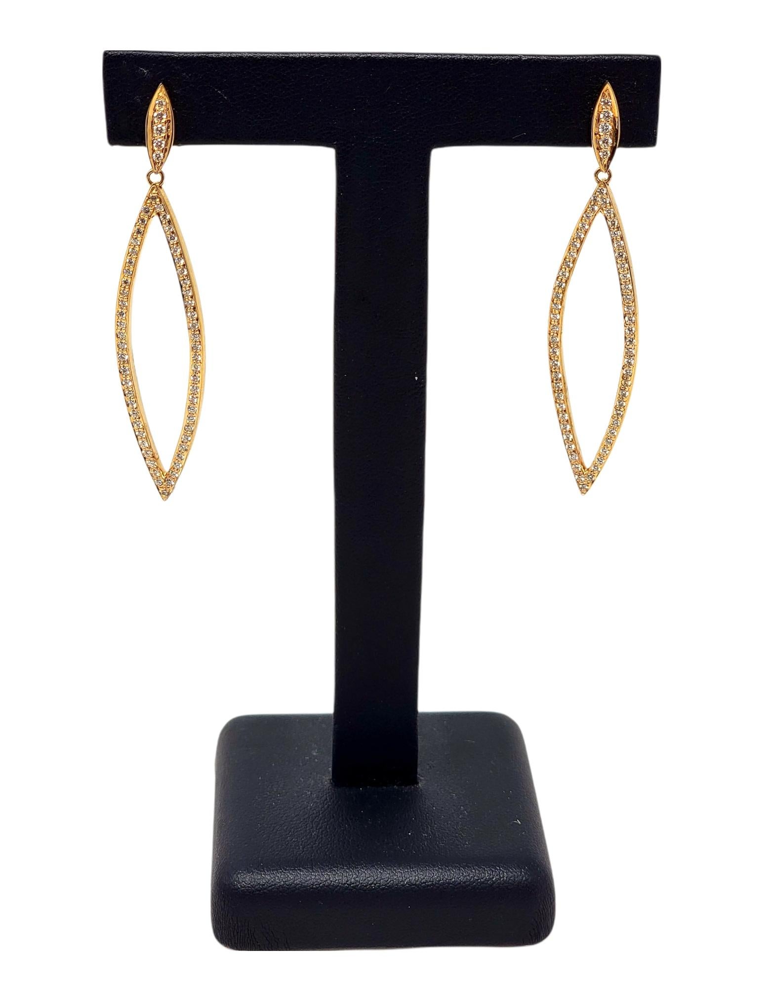 14 Karat Yellow Gold Navette Shaped Open Pave Diamond Drop Pierced Earrings For Sale 2