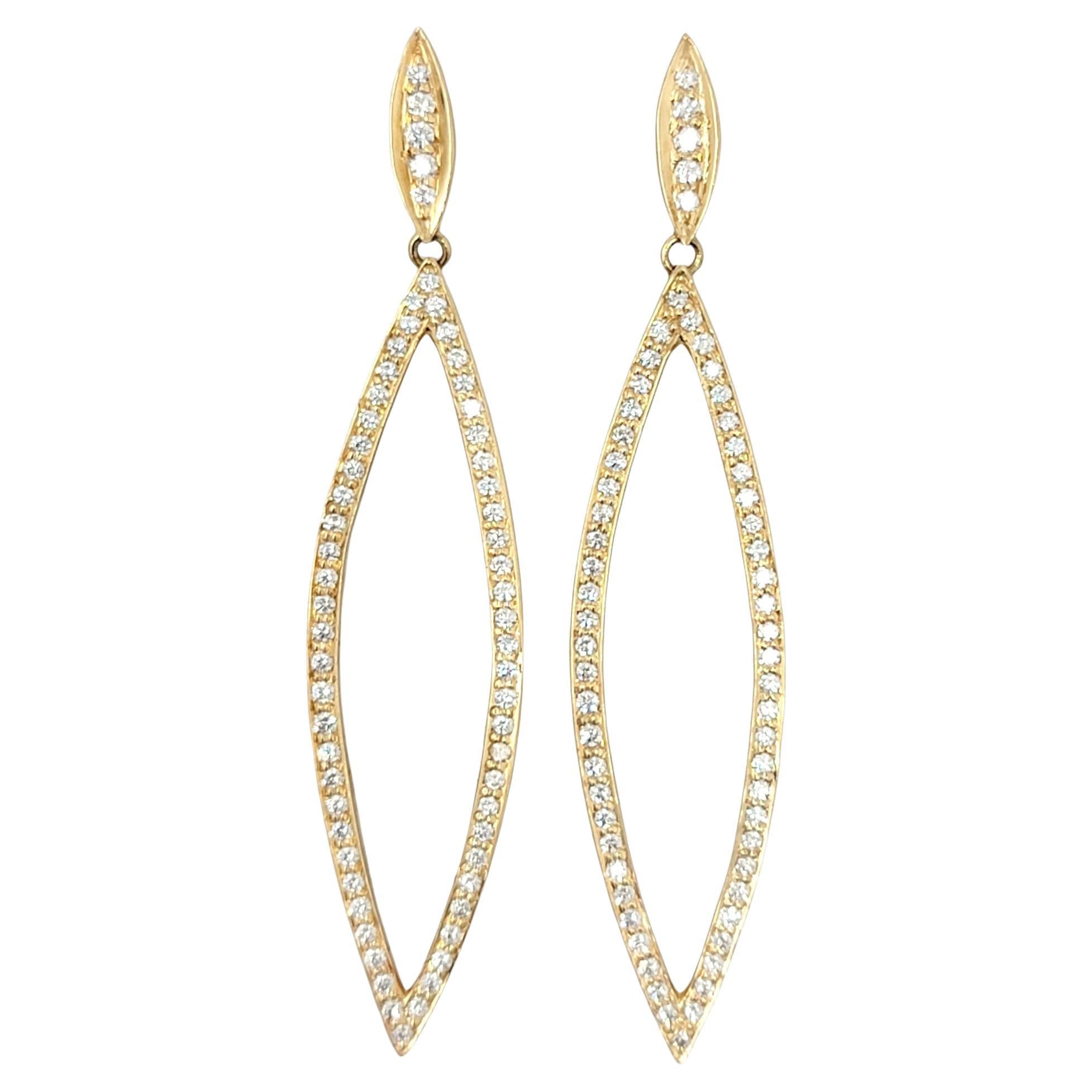 14 Karat Yellow Gold Navette Shaped Open Pave Diamond Drop Pierced Earrings