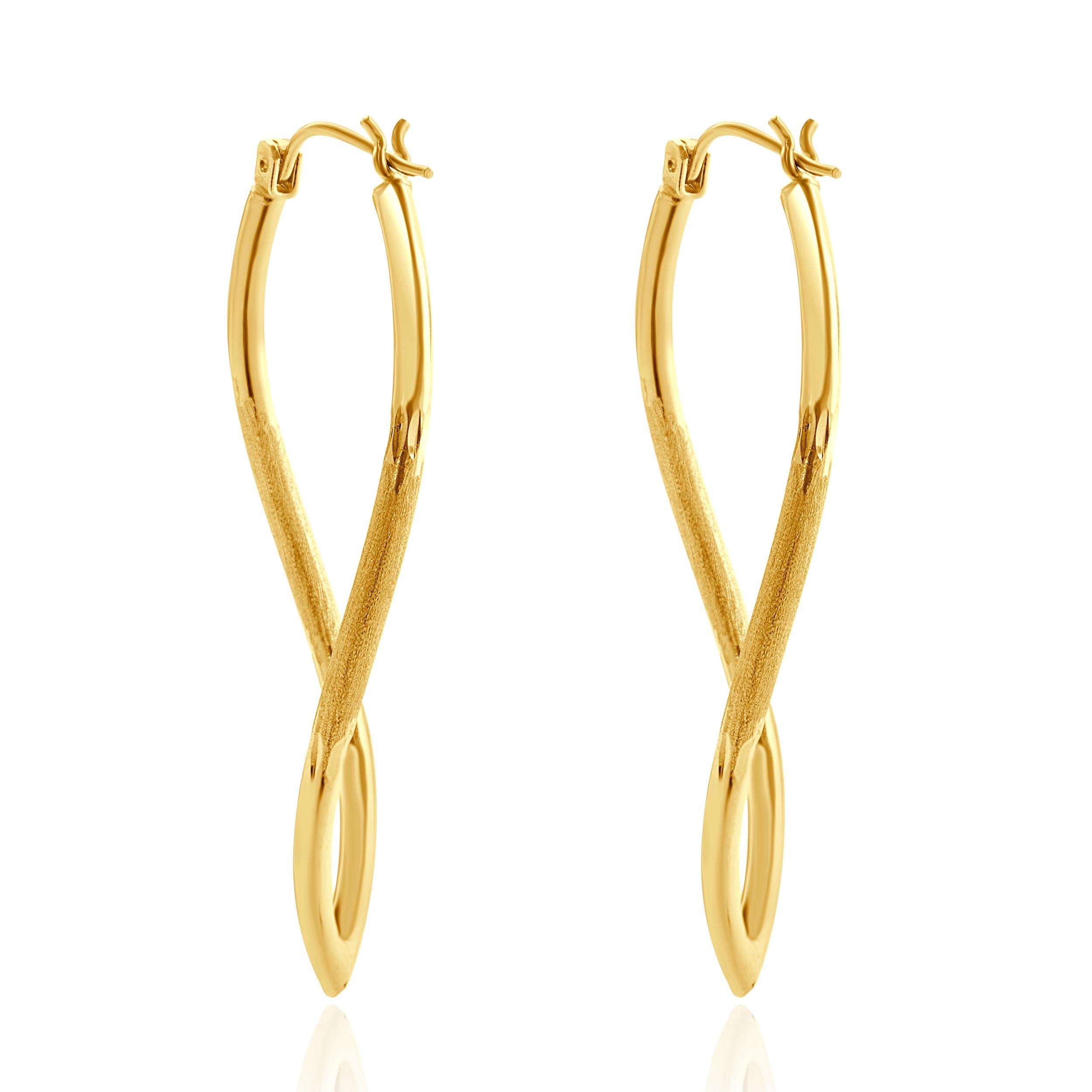14 Karat Yellow Gold Navette Twist Hoop Earrings In Excellent Condition For Sale In Scottsdale, AZ