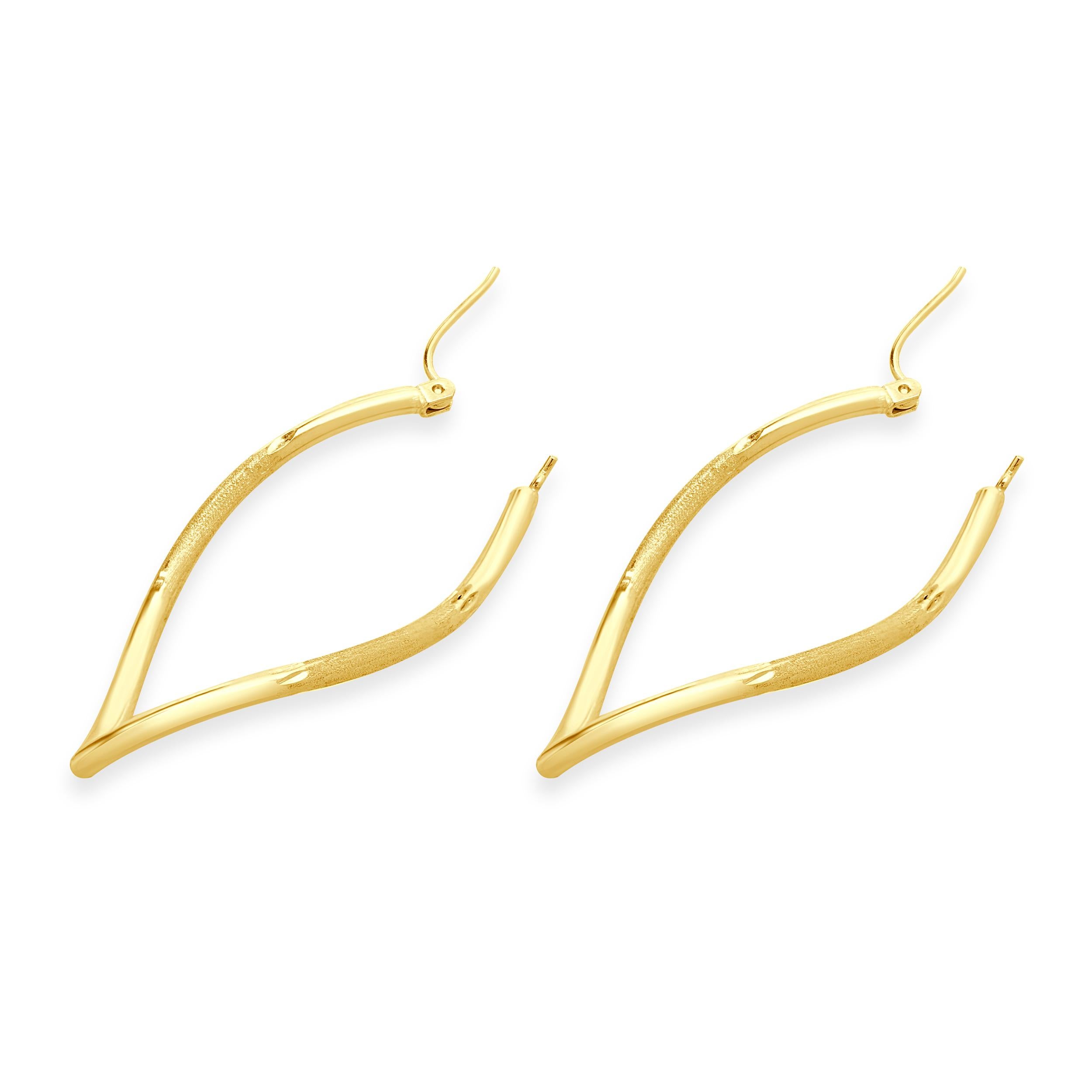Women's 14 Karat Yellow Gold Navette Twist Hoop Earrings For Sale