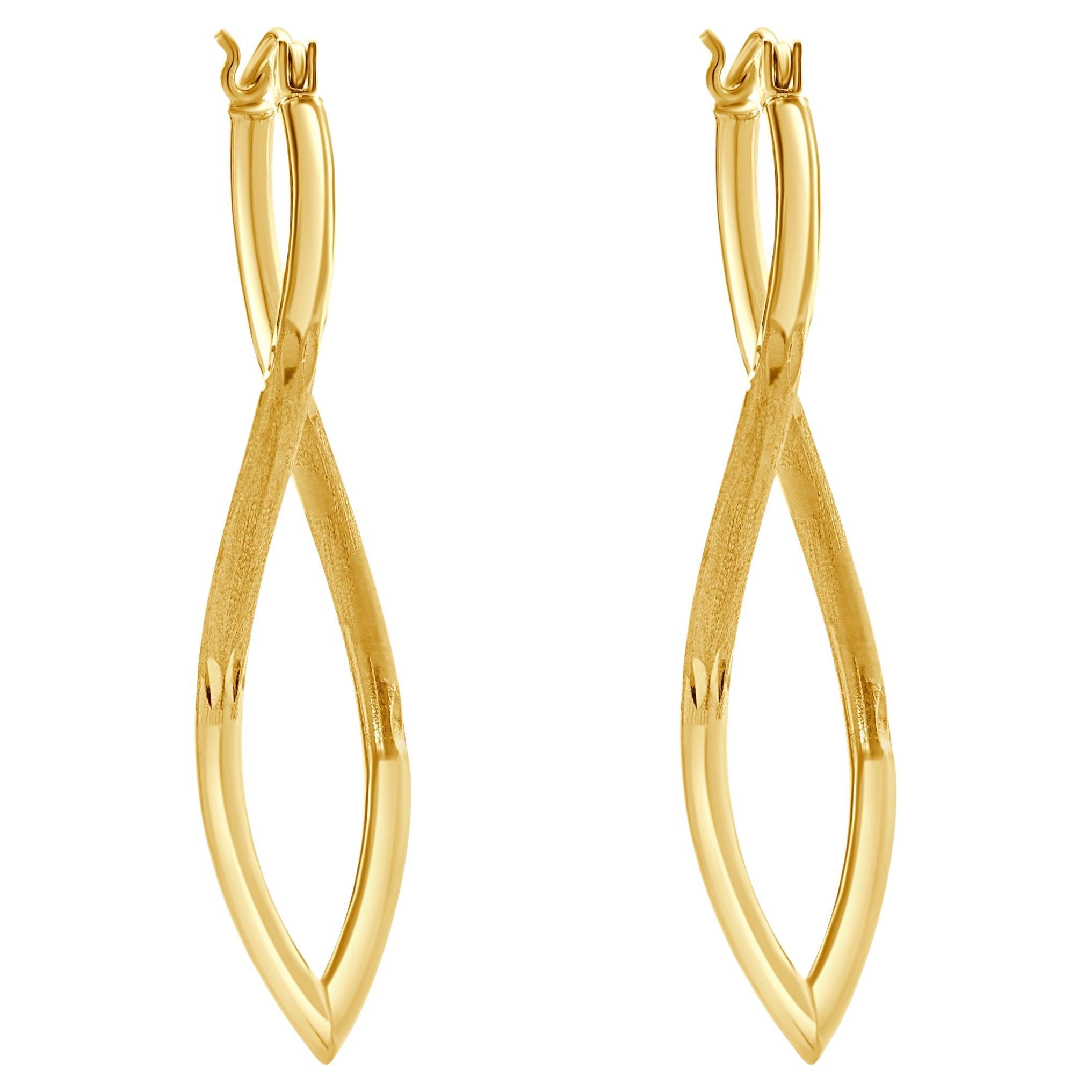 14 Karat Yellow Gold Navette Twist Hoop Earrings For Sale