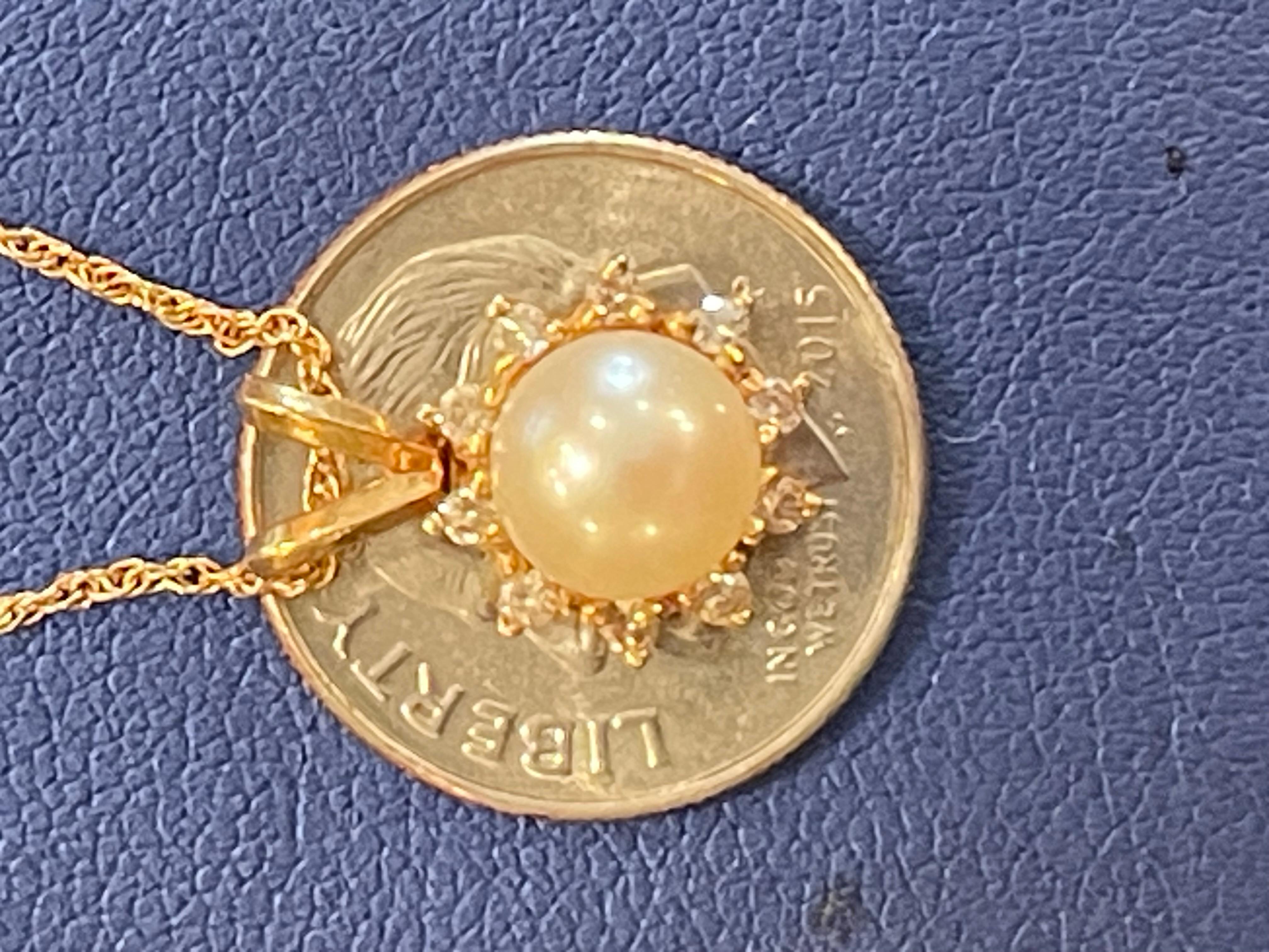 Women's or Men's 14 Karat Yellow Gold Necklace with Cultured Pearl and Diamond Pendant For Sale
