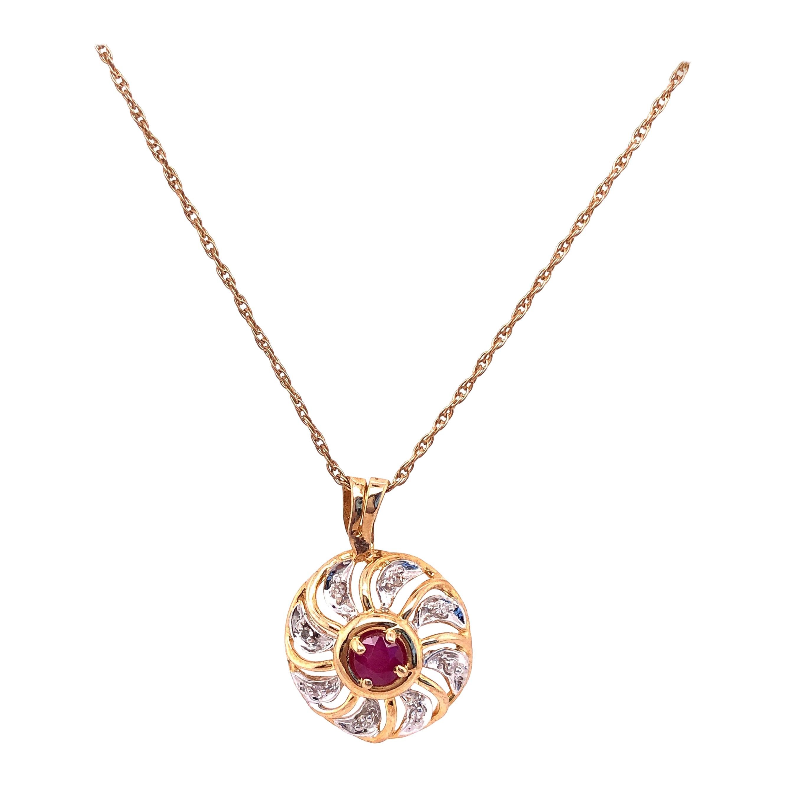 14 Karat Yellow Gold Necklace with Garnet and Diamond Pendant 0.08 TDW For Sale