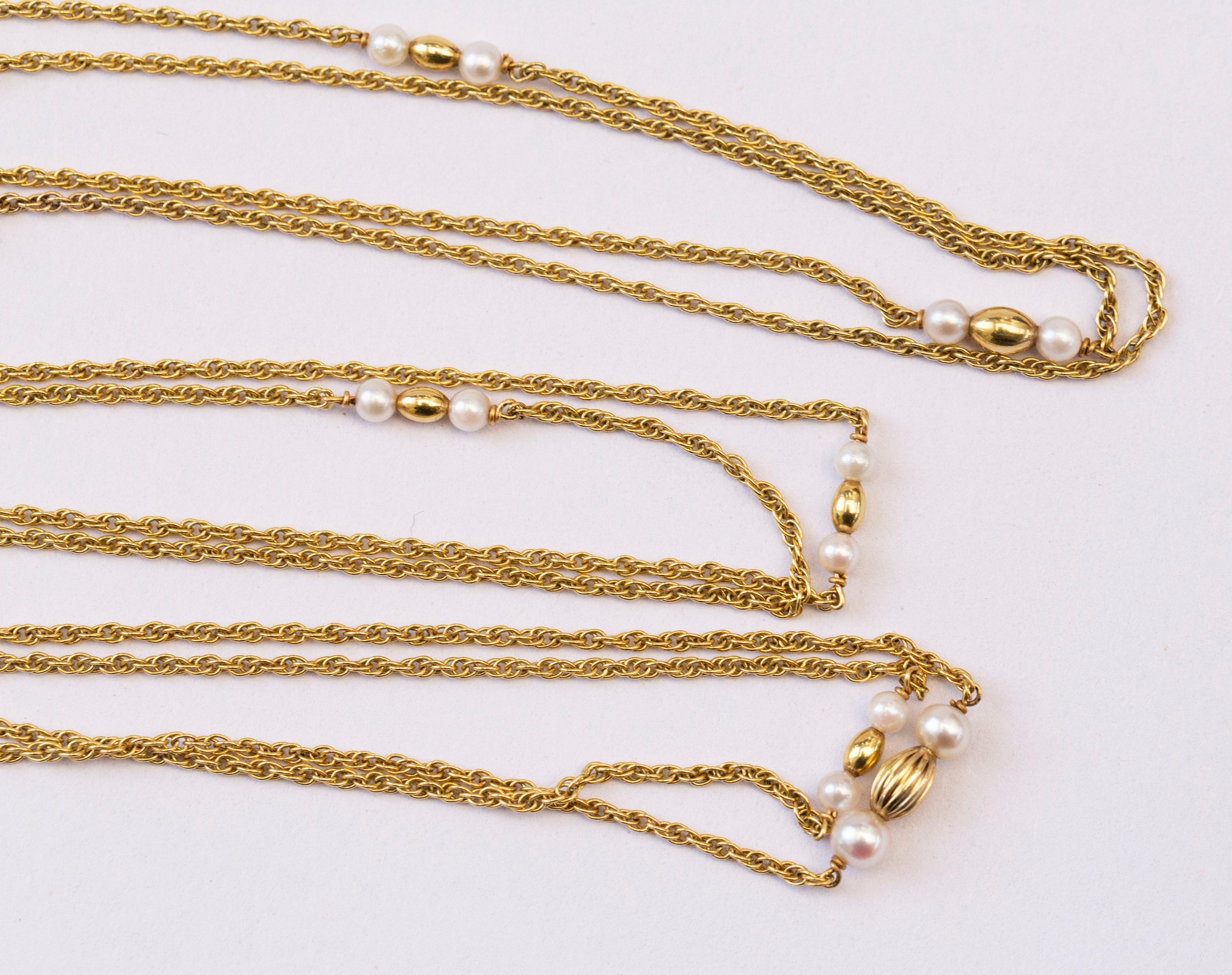 Retro 14 Karat Yellow Gold Necklace with Pearls and Golden Beads JKa Kohle Company