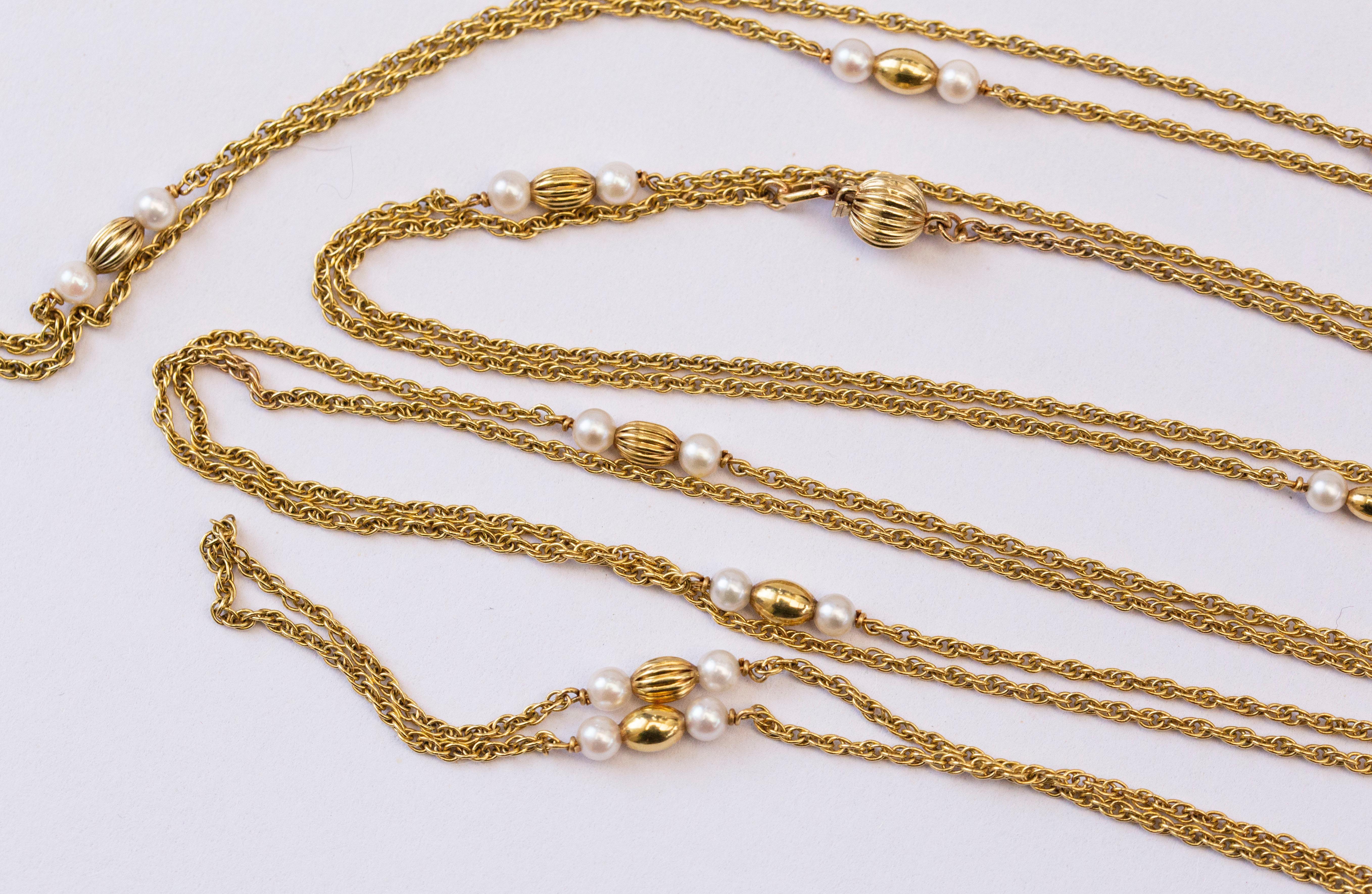Round Cut 14 Karat Yellow Gold Necklace with Pearls and Golden Beads JKa Kohle Company