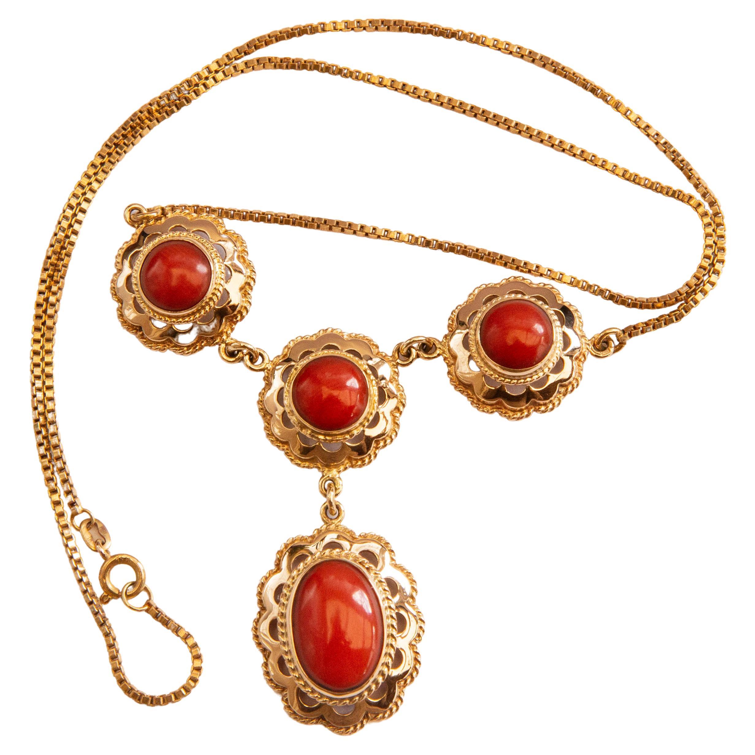 14 Karat Yellow Gold Necklace with Red Croal Links
