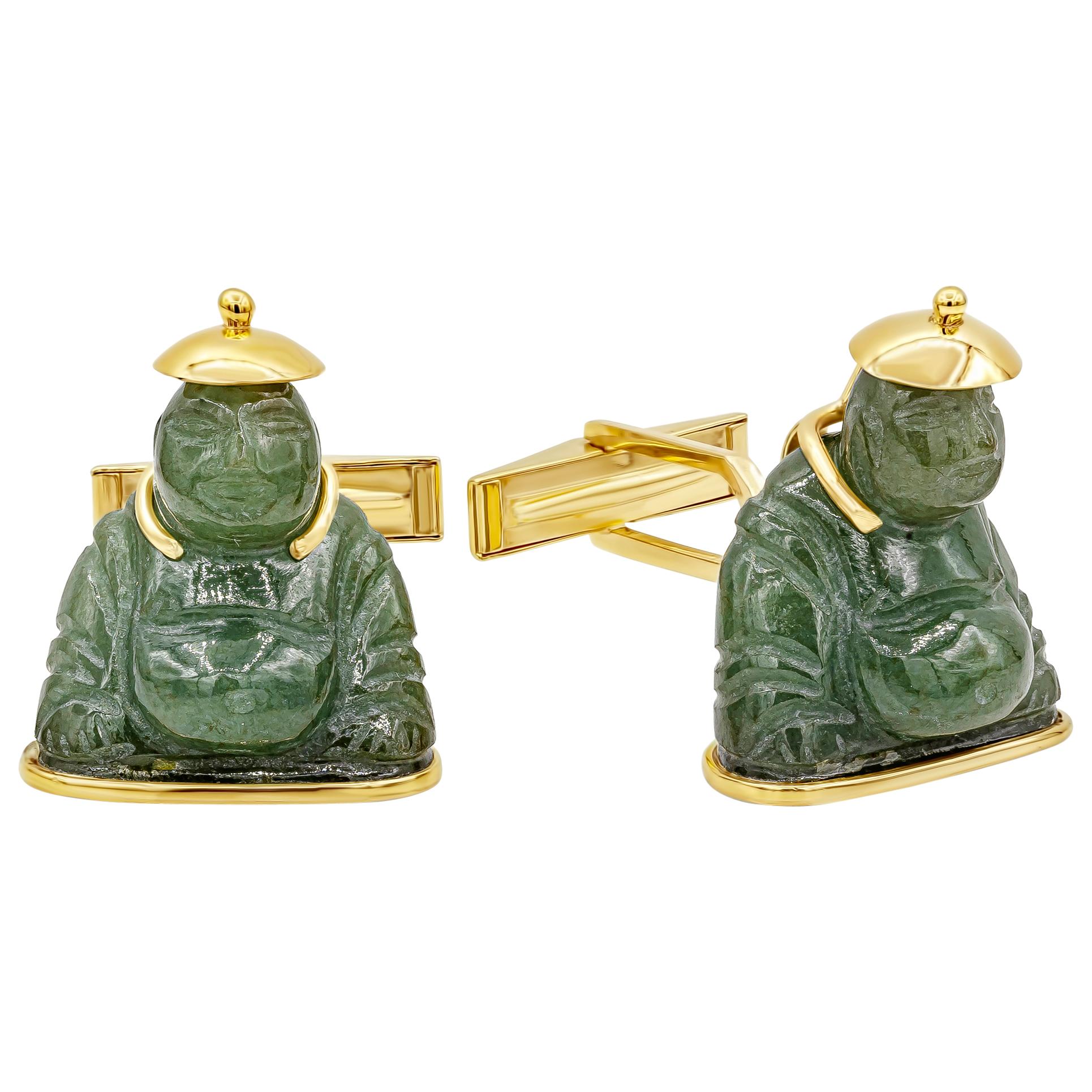 Roman Malakov 14 Karat Yellow Gold Nephrite Jade Buddha Cufflinks For Sale