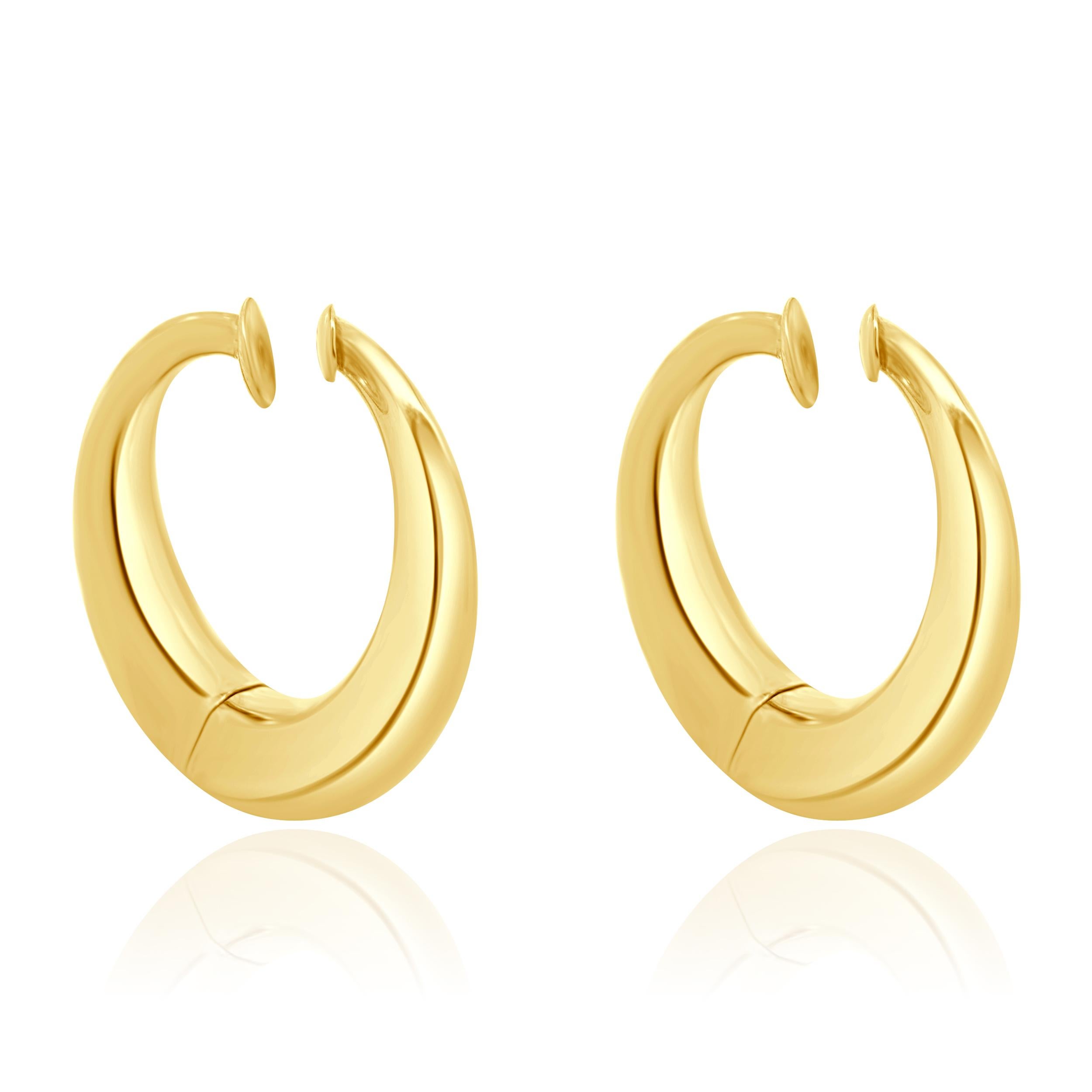 Women's or Men's 14 Karat Yellow Gold Non Pierced Spring Loaded Hoop Earrings For Sale