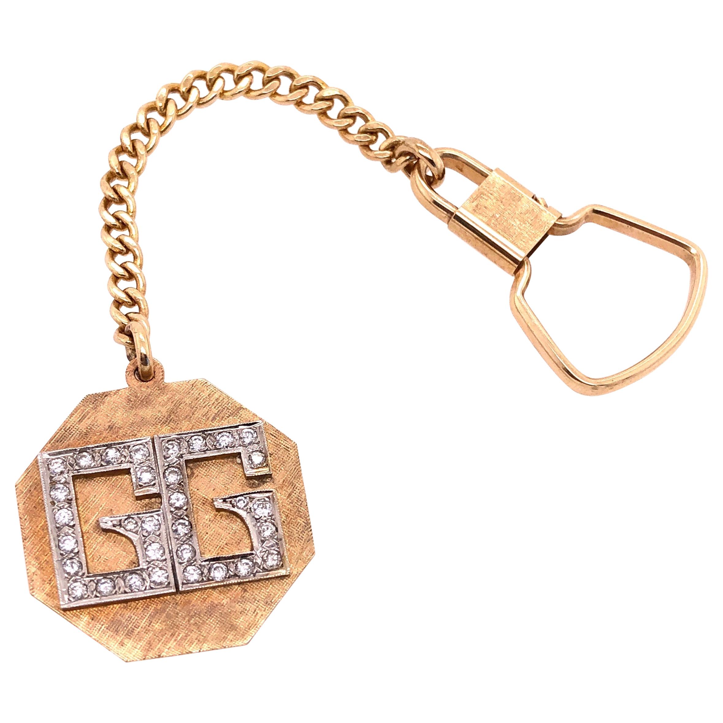 14 Karat Yellow Gold Octagon Key Chain with Diamond Initials GG