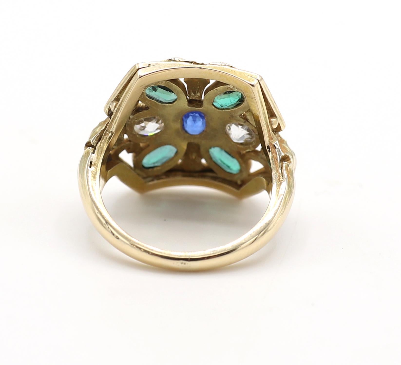 Women's or Men's 14 Karat Yellow Gold Old European Cut Diamond Emerald & Sapphire Cocktail Ring 