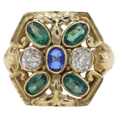 14 Karat Yellow Gold Old European Cut Diamond Emerald & Sapphire Cocktail Ring 