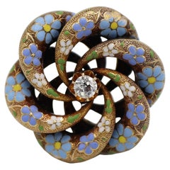14 Karat Gelbgold Diamant-Emaille-Blumenanhänger mit alteuropäischem Schliff 