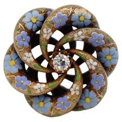 14 Karat Yellow Gold Old European Cut Diamond Enamel Flower Pin Brooch Pendant