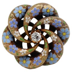 14 Karat Yellow Gold Old European Cut Diamond Enamel Flower Pin Brooch Pendant 